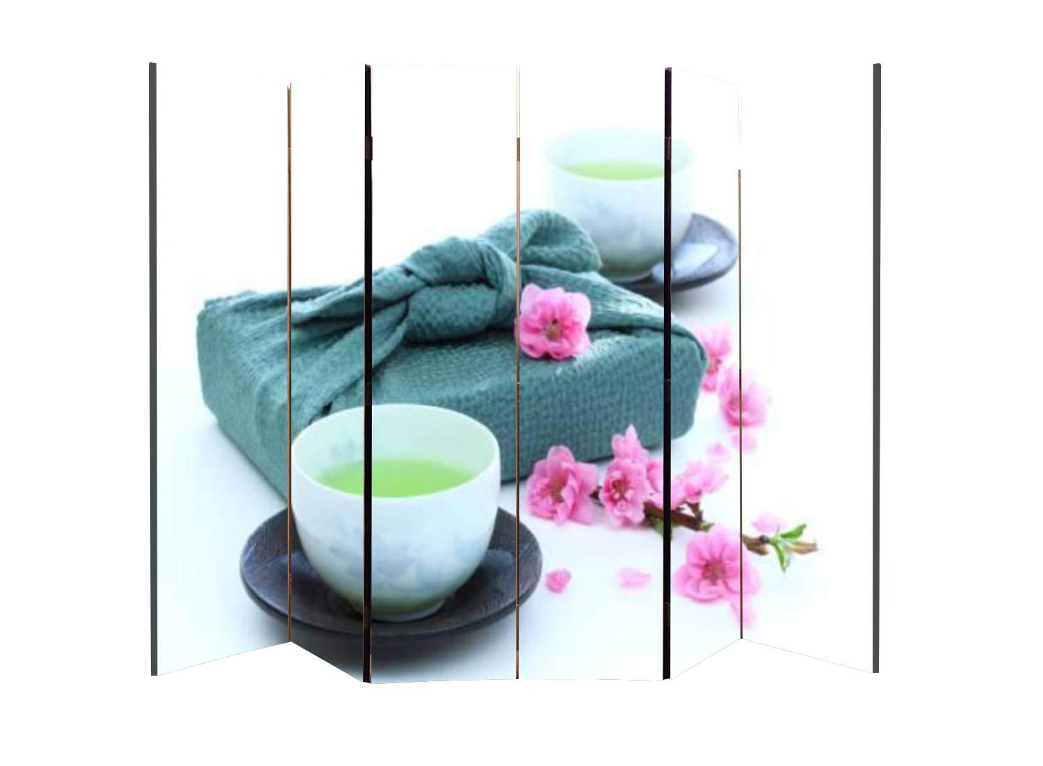 6-Panel Wooden Folding Screen Room Divider - Dual-Sided Green Tea & Peach Floral Canvas Privacy Partition with Furoshiki Wrapping Cloth | Indoor Wall Divider for Home Office, Bedroom, and Display Shelves
