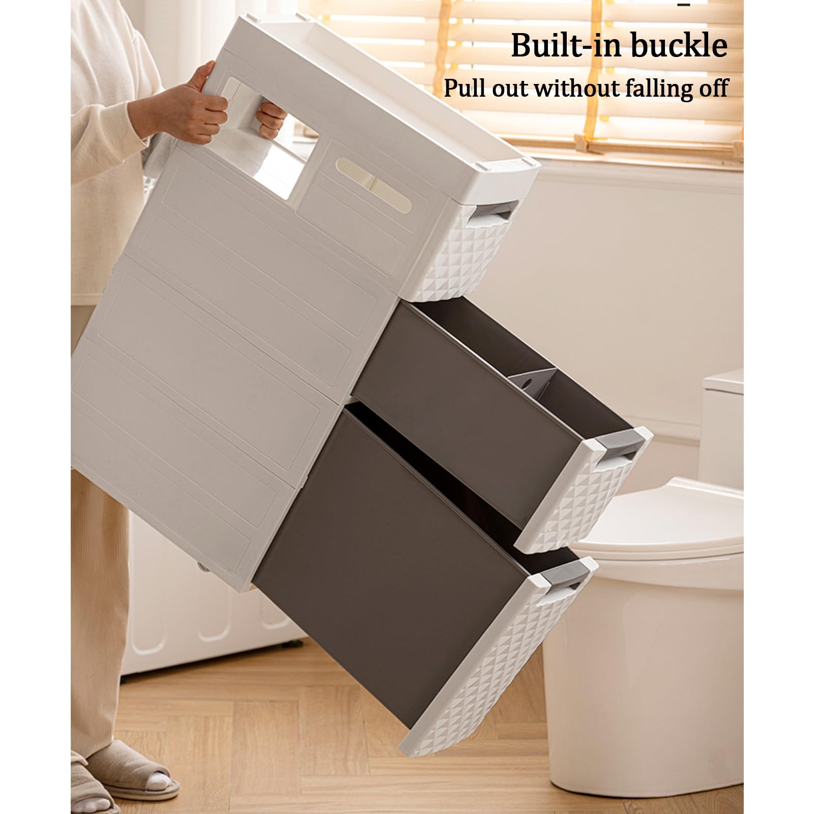 18CM/7.1IN Narrow Plastic Bathroom Storage Cabinet with Drawers & Shelf - Space-Saving Bathroom Organizer with Dual-Sided Tissue Holder - Perfect for Small Bathrooms, Apartments & RVs
