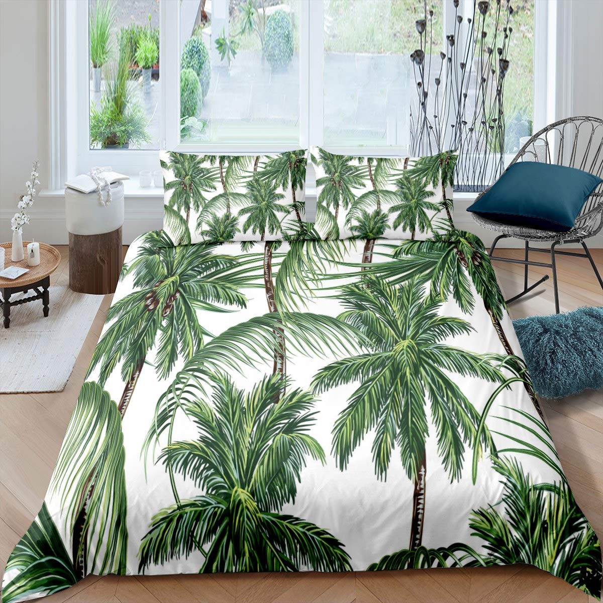 Feelyou Tropical Coconut Tree Duvet Cover Set - Botanical Print Comforter Cover for Kids, Boys & Adults - 2PC Twin Size Bedding Set - Perfect for Summer, Hawaii Vacations & Beach-Themed Room Decor