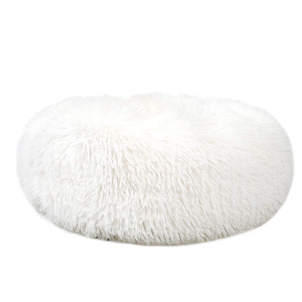 Otoez Round Donut Dog Bed for Small Dogs & Cats - Washable Fluffy Plush Anti-Anxiety Pet Bed with Non-Slip Waterproof Bottom (23.6 Inches, White) - Perfect for Calming Nervous Pets in Living Room or Bedroom