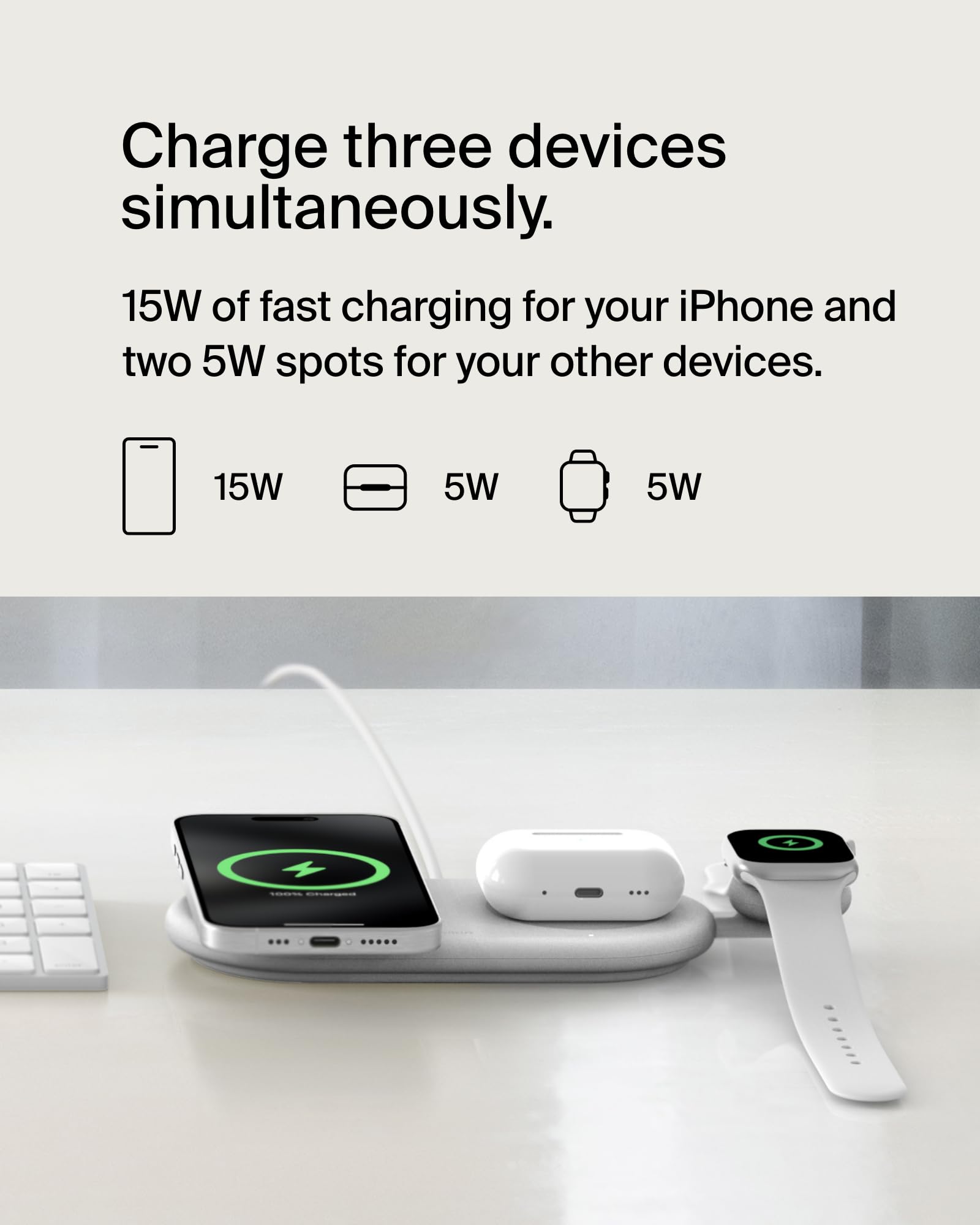 Belkin 3-in-1 MagSafe-Compatible Wireless Charging Pad with Qi2 15W Fast Charging - iPhone Charger Station for iPhone 16/15/14 Series, AirPods & Apple Watch - White | Perfect for Home, Office & Travel Charging