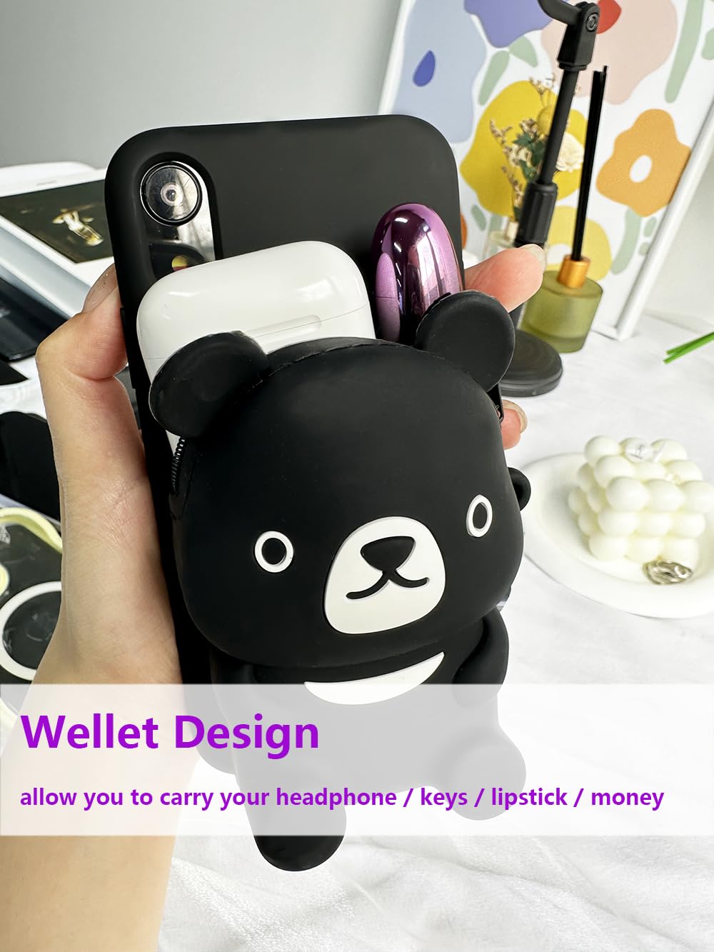 UnnFiko Cute 3D Cartoon Bear Wallet Phone Case for iPhone 11 Pro Max - Soft Silicone Protective Cover with Card Holder & Stand - Perfect for Women & Girls (Black) | Great for Everyday Use, Shopping & Travel
