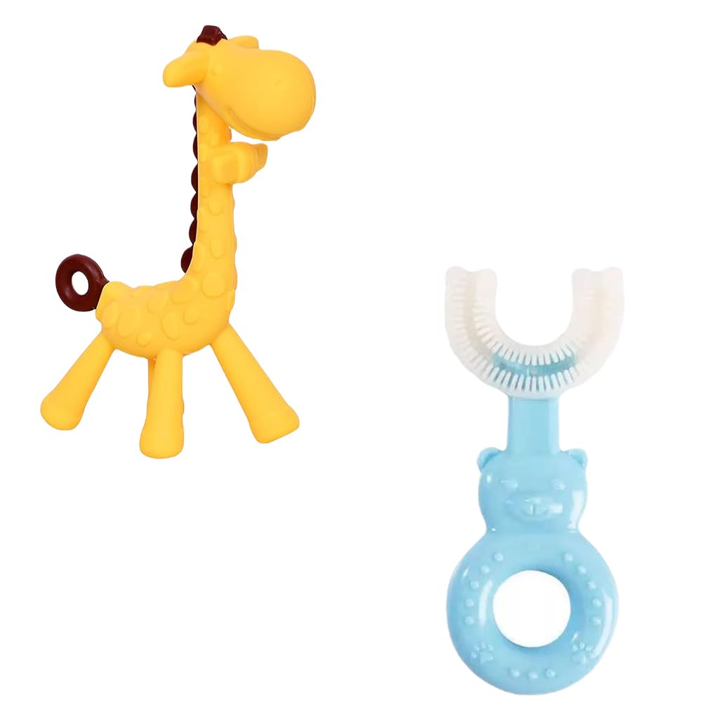 Kritiu Giraffe Shape Teether and U Shape Toothbrush Set - BPA Free Silicone Baby Teething Toys & Infant Toothbrush - Safe for 0-12 Months Babies (Yellow & Blue) - Perfect for Soothing Sore Gums & Early Oral Care