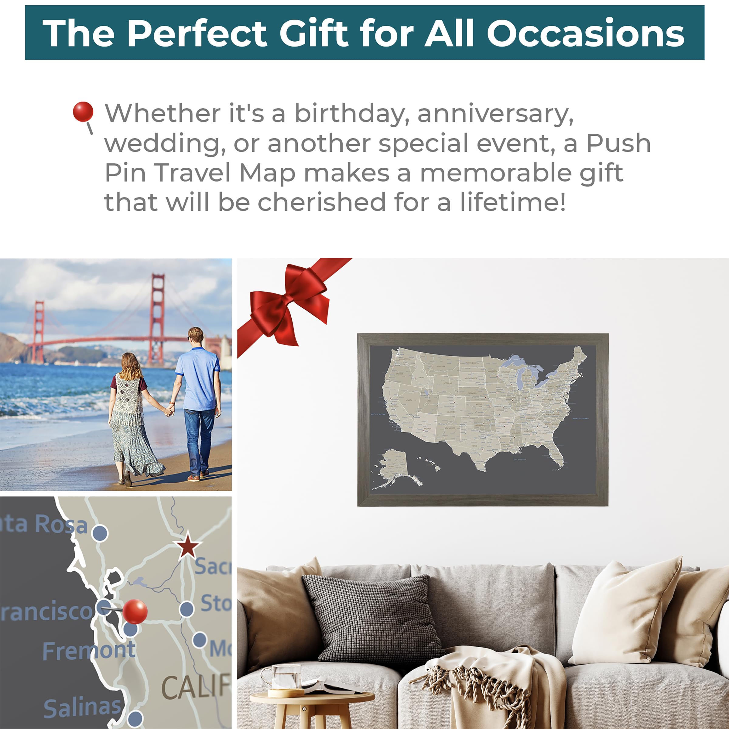 Personalized USA Push Pin Travel Map - Earth Tones Canvas with Barnwood Gray Frame | Perfect for Home Decor, Office Wall Art & Travel Enthusiast Gifts
