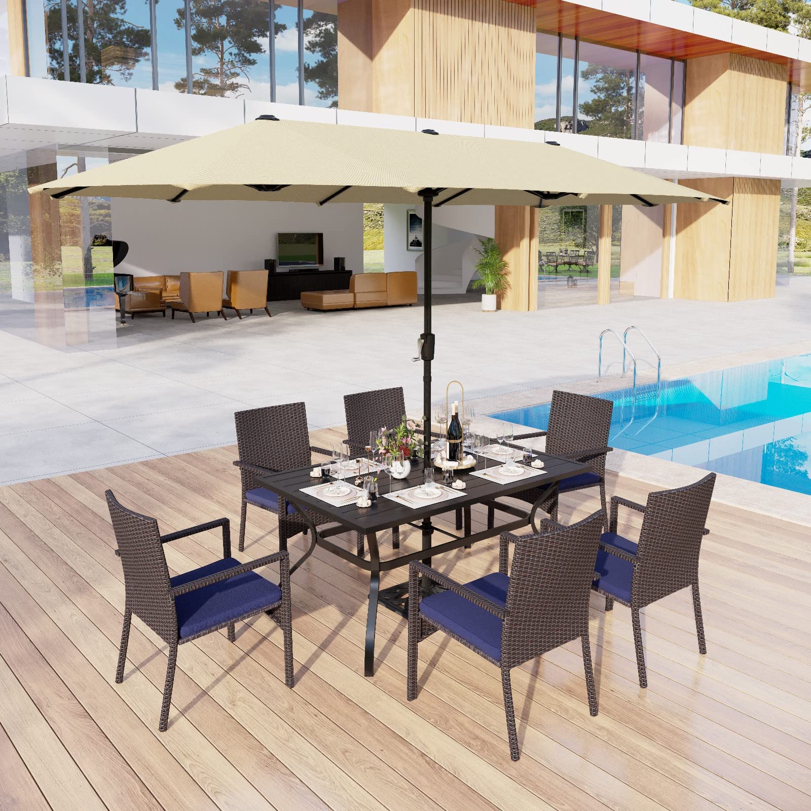 MFSTUDIO 8-Piece Outdoor Patio Dining Set - Rattan Wicker Rectangular Table & 6 Chairs with 13ft Umbrella - Weather-Resistant Metal Frame for Backyard, Garden, Poolside or Terrace Dining