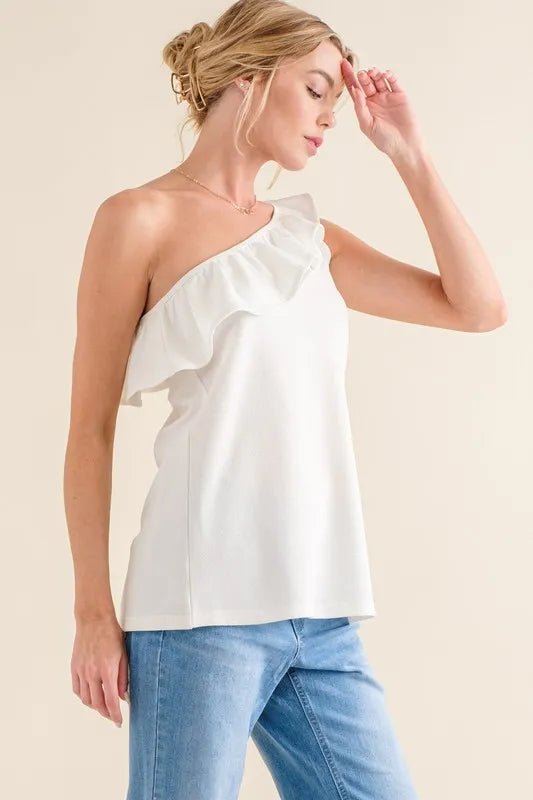 And The Why Ruffle One Shoulder Sleeveless Tank Top for Women - Chic Summer Blouse for Casual Outings & Date Nights