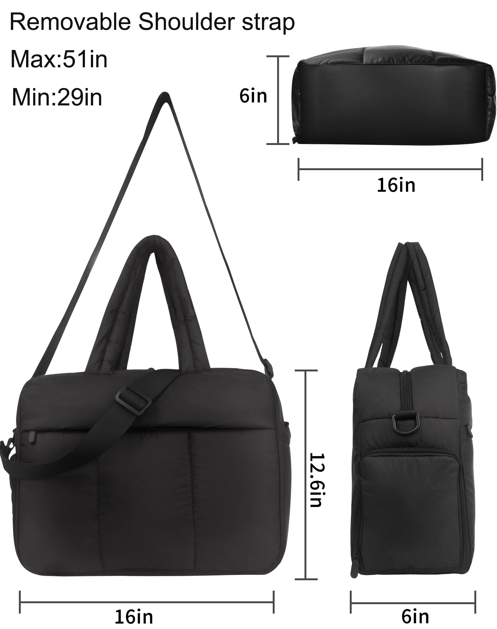 Lightweight Puffer Weekender Bag for Women - Travel & Gym Duffle with Shoe Compartment