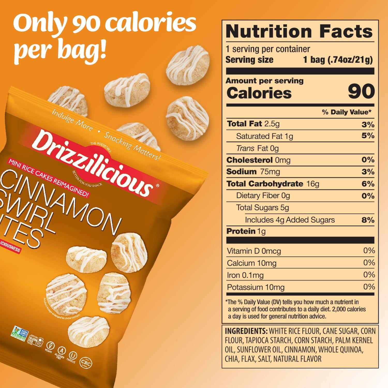 Drizzilicious Mini Rice Cakes Variety Pack - 32 Count of Healthy Vegan & Gluten-Free Rice Crisps Snacks (90 Calorie Per Bag) for Adults & Kids - Allergen-Free, .74oz Bags - Perfect for Lunchboxes, Office Snacking & On-The-Go Energy