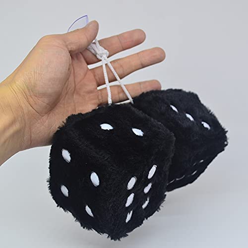 3” Black & White Polka Dot Fuzzy Plush Dice Mirror Hanging Ornament - Soft Car Decor for Rearview Mirror, Bedroom, or Party Decoration
