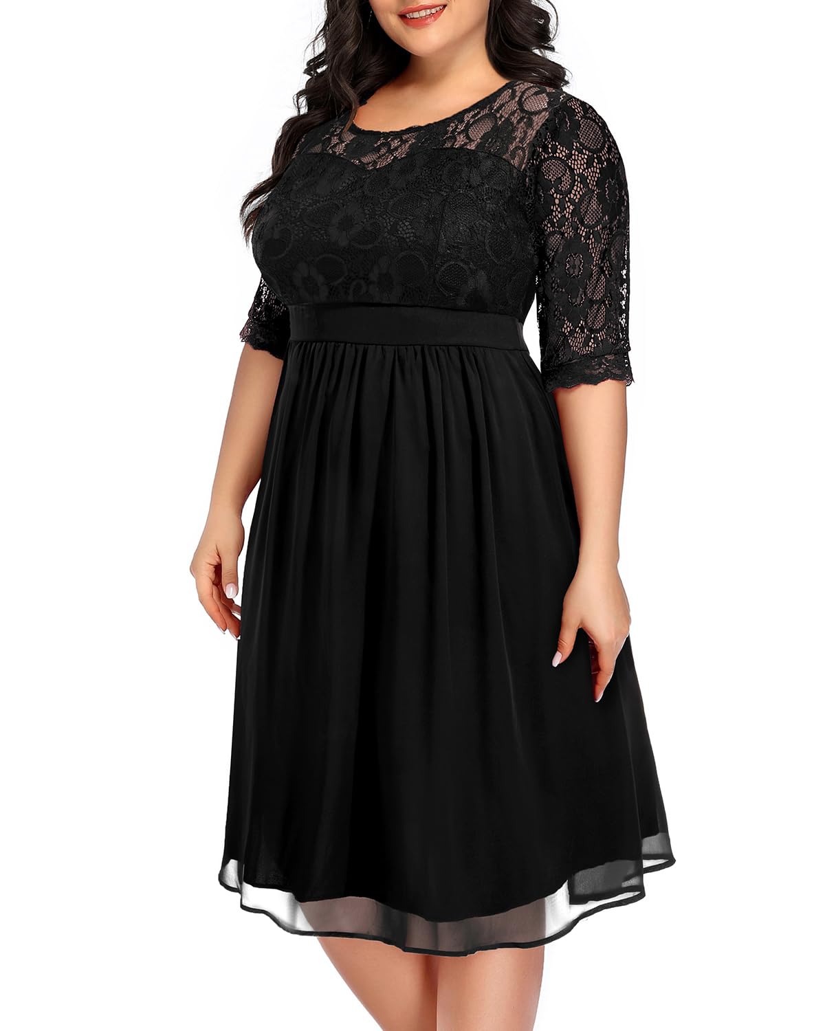 Plus Size Lace Chiffon Wedding Guest Dress for Women - Elegant Cocktail Party Midi Dress | Perfect for Bridal Showers, Evening Events & Special Occasions