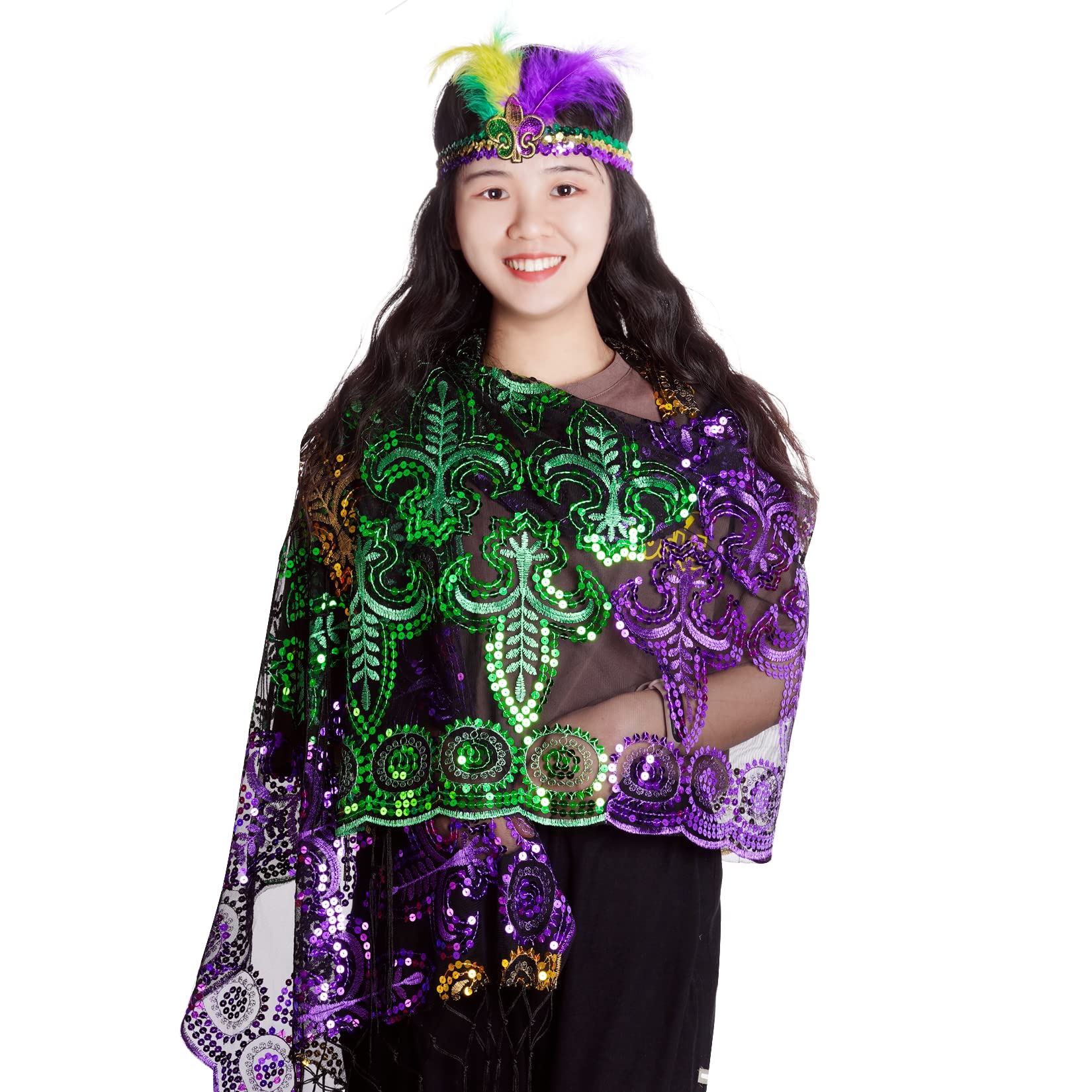 Yolyoo Mardi Gras Scarf & Headband Set - Colorful Masquerade Party Costume Accessories for Women - Perfect for Carnival, Halloween, and Themed Parties