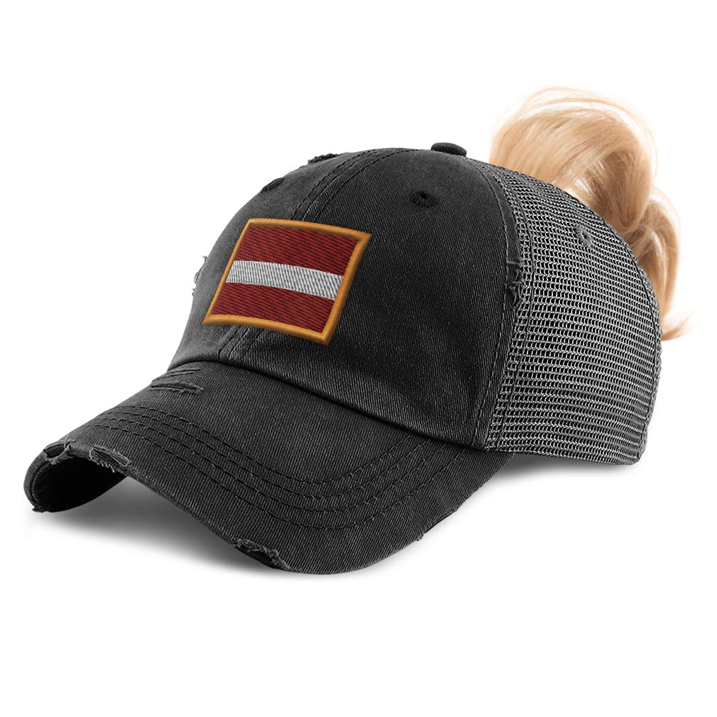 Custom Women's Ponytail Cap with Latvia Embroidery - Distressed Trucker Hat for Messy Bun Hairstyles | Perfect for Outdoor Activities, Sports & Casual Wear