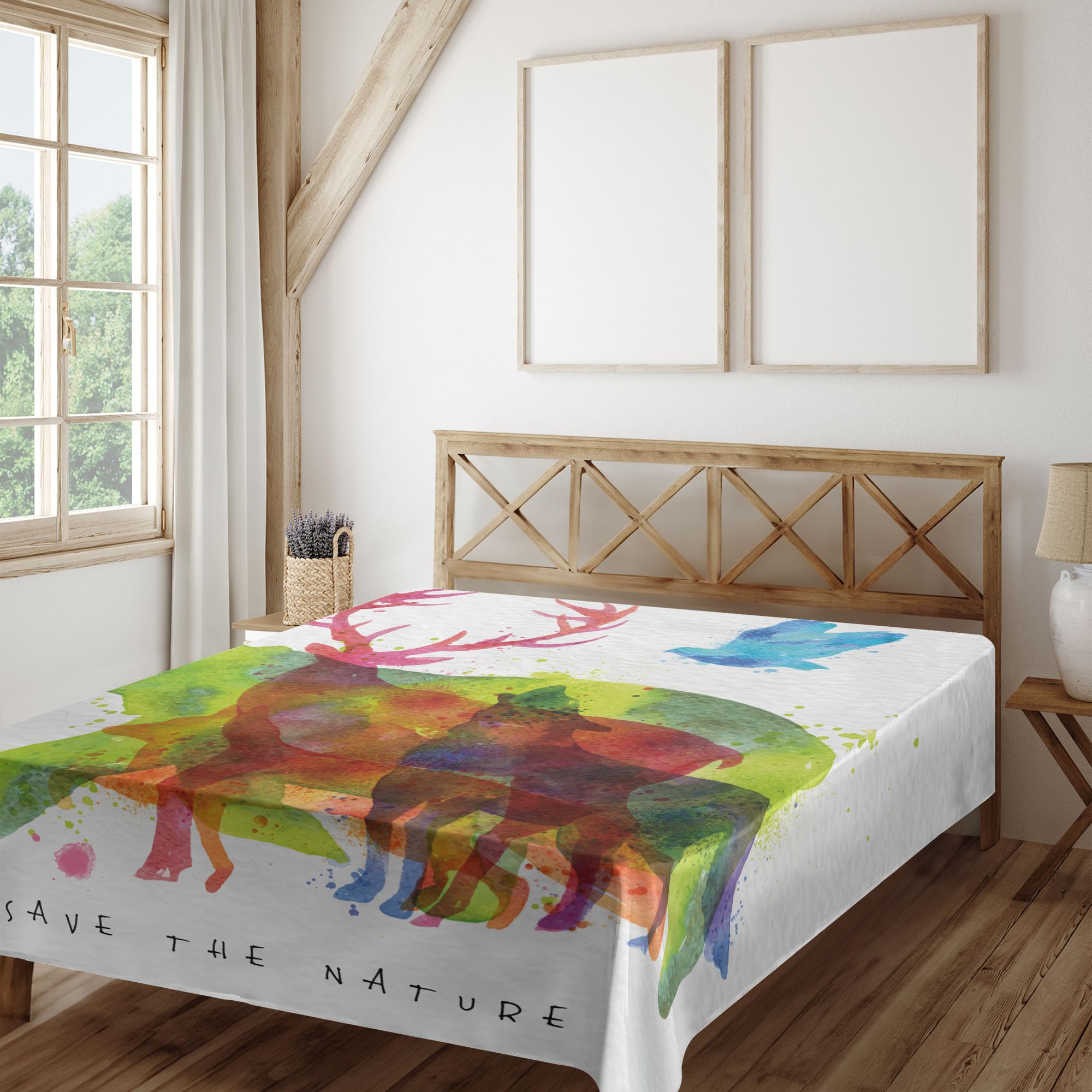 Ambesonne King Size Animal Print Flat Sheet - Soft & Comfortable Abstract Wild Animals Design (Bears, Wolves, Eagles, Deer) - Decorative Bedding for Cozy Home, Guest Room or Cabin Retreat