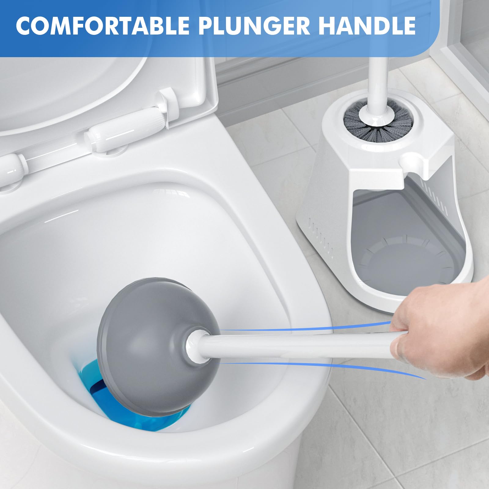 Heavy Duty Toilet Plunger and Brush Set with Ventilated Holder - 2-in-1 Bathroom Cleaning Combo for Clogged Drains & Sanitizing (White) - Perfect for Home, Apartment & RV Toilet Maintenance