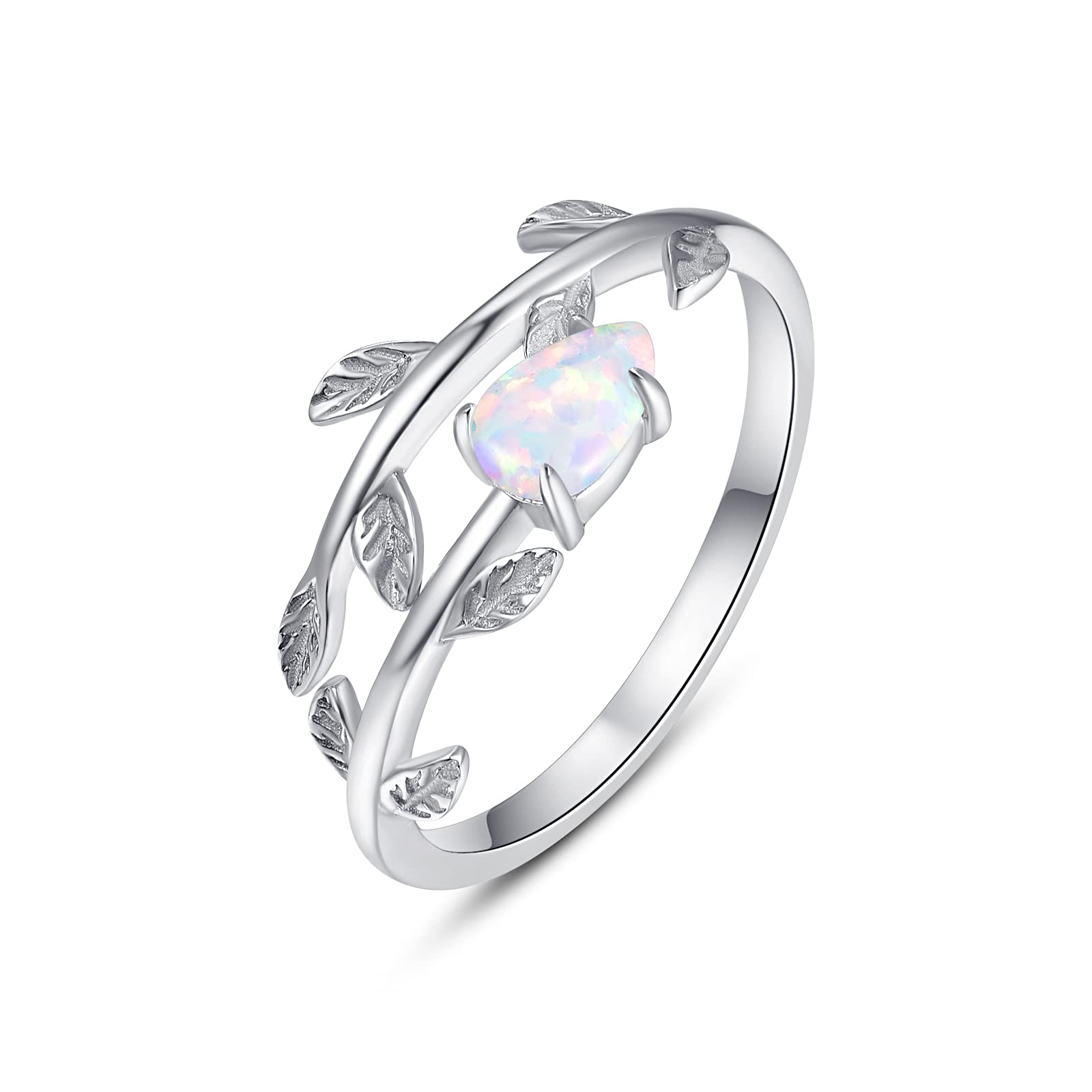 PRAYMOS 925 Sterling Silver Leaf Ring with White Opal & Moonstone - Adjustable Open Ring for Women (Size 7-9) - Elegant Gift Box Included - Perfect for Everyday Wear, Date Nights & Special Occasions