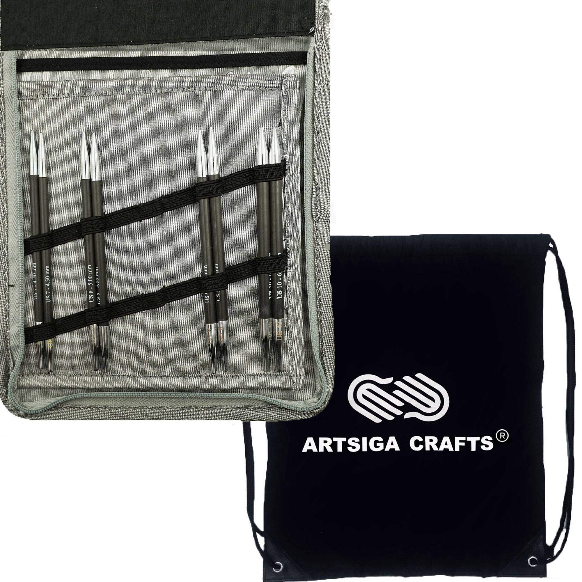 Knitter's Pride Karbonz Midi Interchangeable Knitting Needles Set with Long Tips & Artsiga Crafts Project Bag - Perfect for Knitting Enthusiasts, Travel Projects & Gift Giving