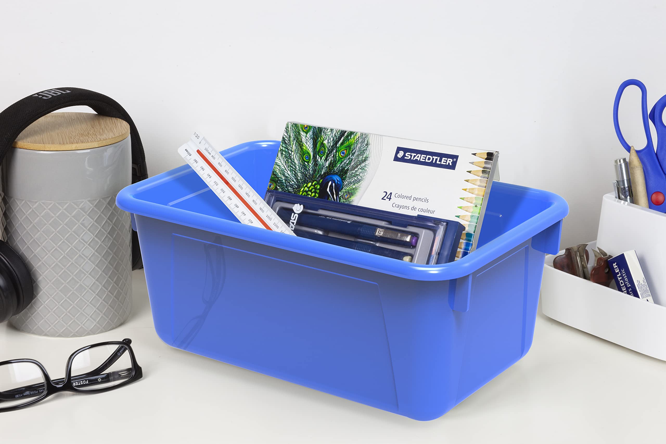 Storex Small Cubby Bins - 5-Pack Plastic Storage Containers for Classroom Organization, 12.2 x 7.8 x 5.1 Inches, Class Blue (62416A05C) - Perfect for Kids' School Supplies, Art Materials & Toy Storage