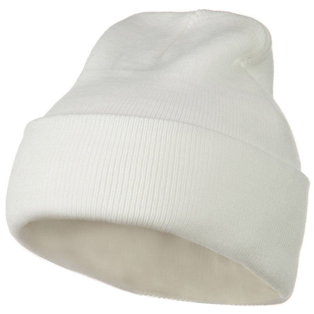 MG 12 Inch Long Knitted Beanie for Men & Women - Soft Winter Hat in White (One Size Fits Most) - Perfect for Cold Weather, Skiing & Outdoor Activities