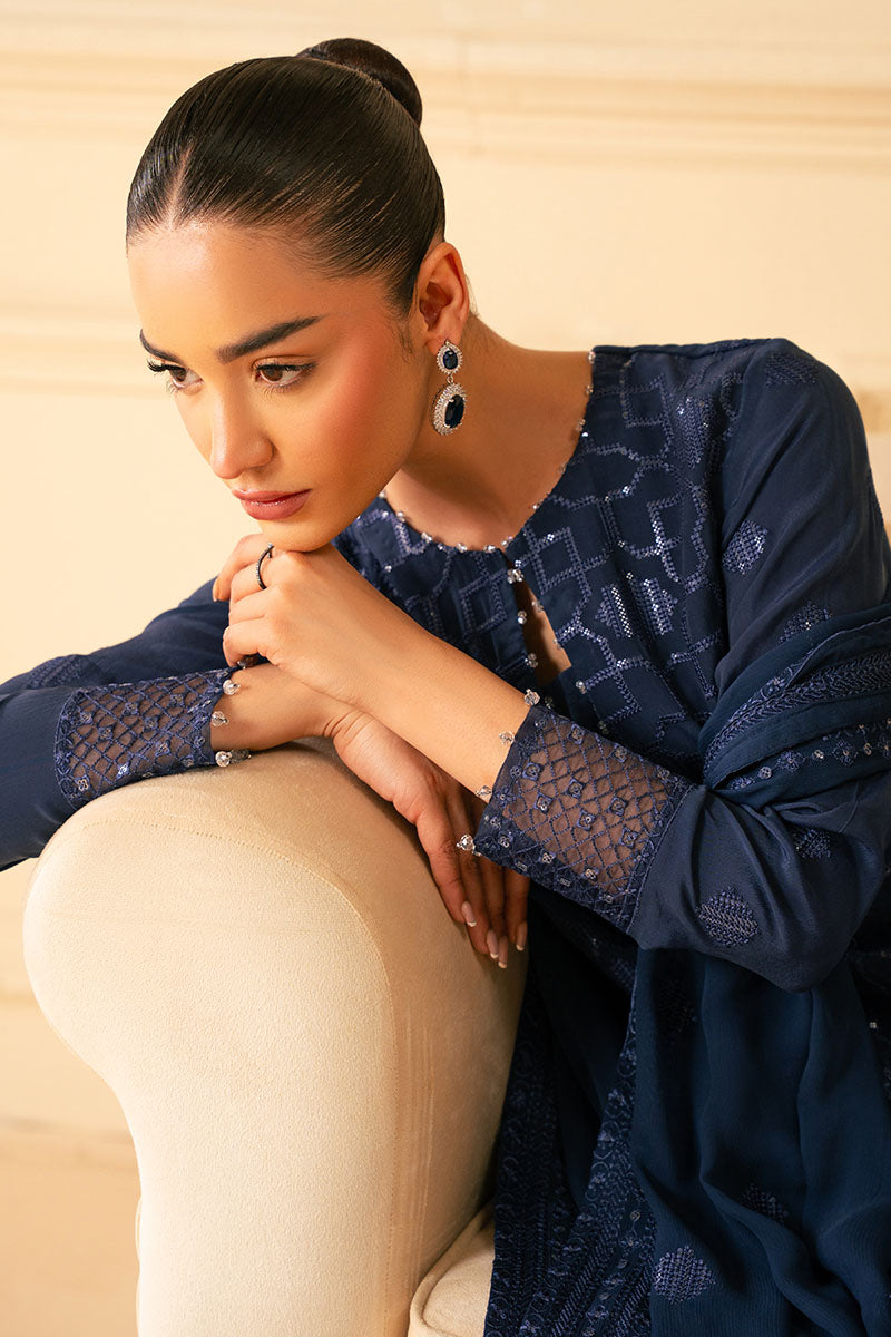 Indigo Blue 4-Piece Embroidered Chiffon Suit Set for Women | Elegant Party & Wedding Outfit | Perfect for Special Occasions & Festive Events