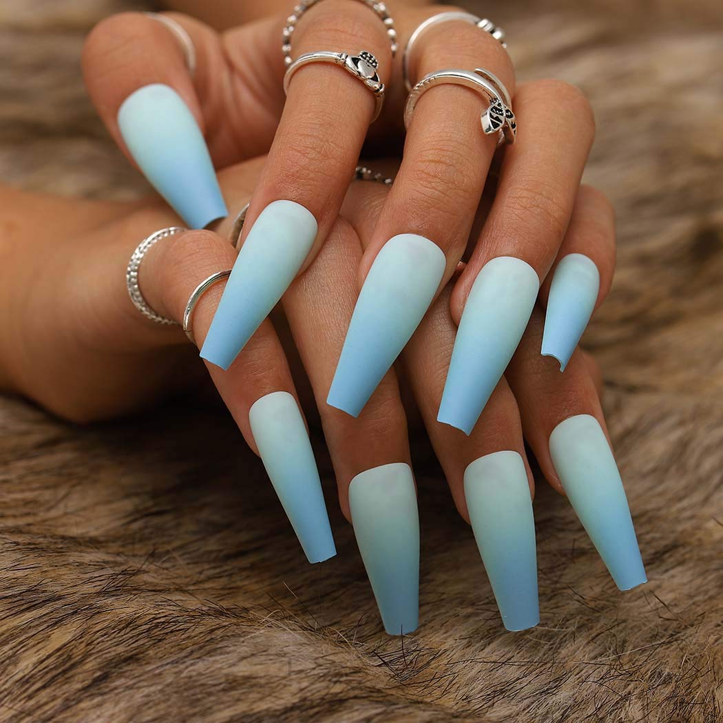 Gradient Blue Press on Nails - Extra Long Coffin Matte Fake Nails 24Pcs | Full Cover Acrylic Nails for Women & Girls | Perfect for Parties, Weddings & Special Occasions
