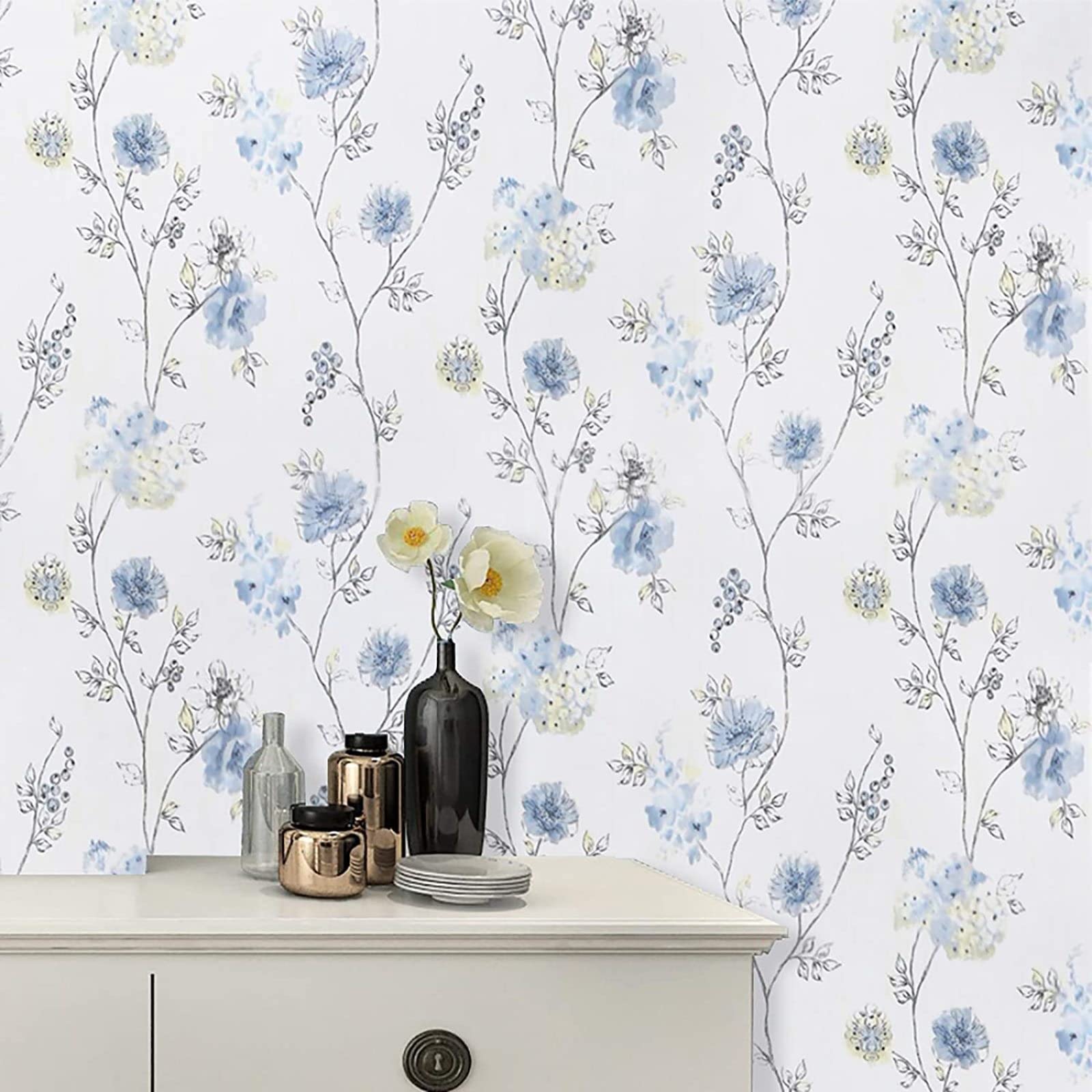Blue Floral Self-Adhesive Wallpaper - Modern Peel and Stick Wallpaper for Bedroom & Living Room - Waterproof Contact Paper for Walls - Perfect for Home Decor, Nursery, Office & Rental Spaces