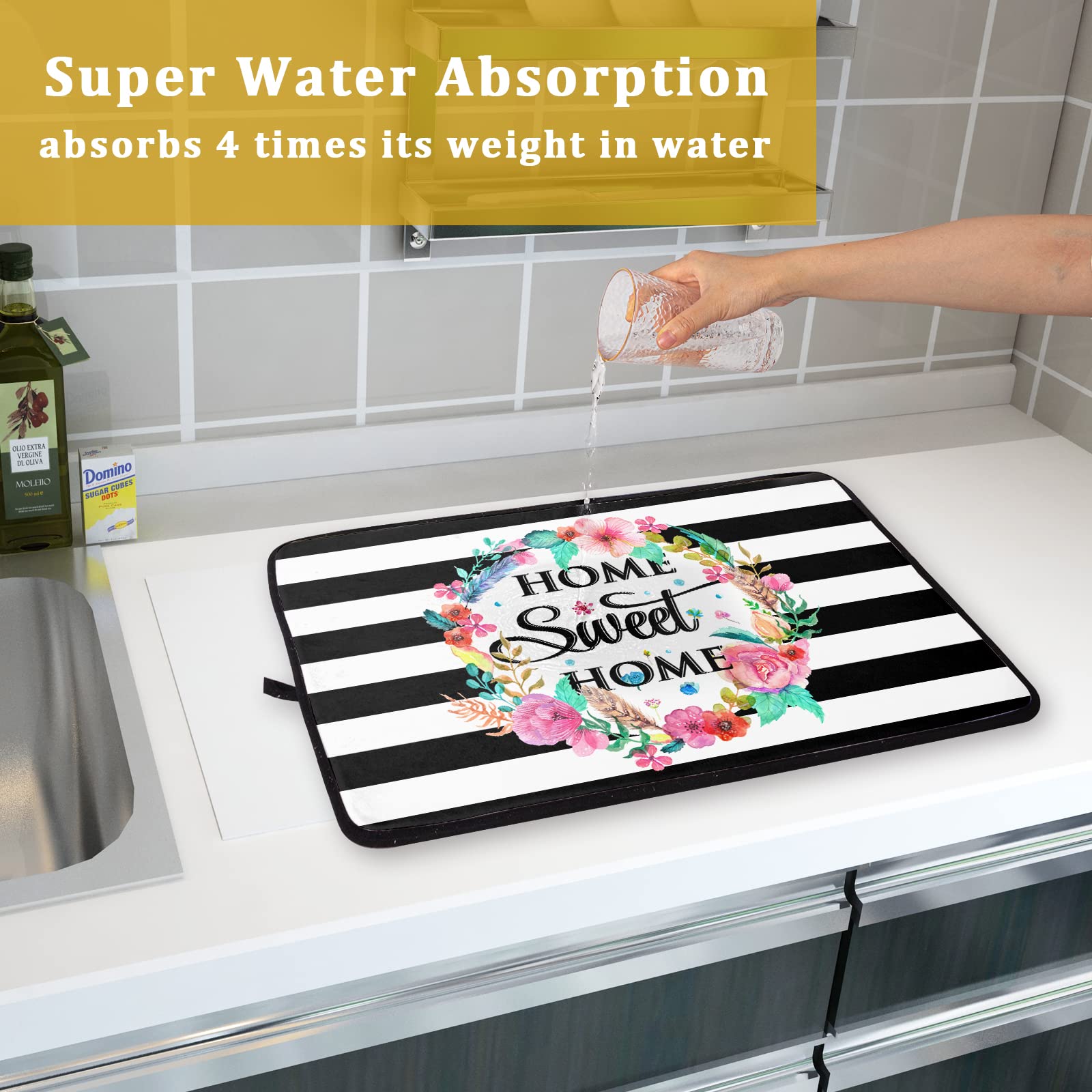 16x18 Inch White and Black Striped Dish Drying Mat - Absorbent Fast Dry Kitchen Accessories for Dishes, Utensils | Perfect for Kitchen Countertops, Sink Areas & Home Decor