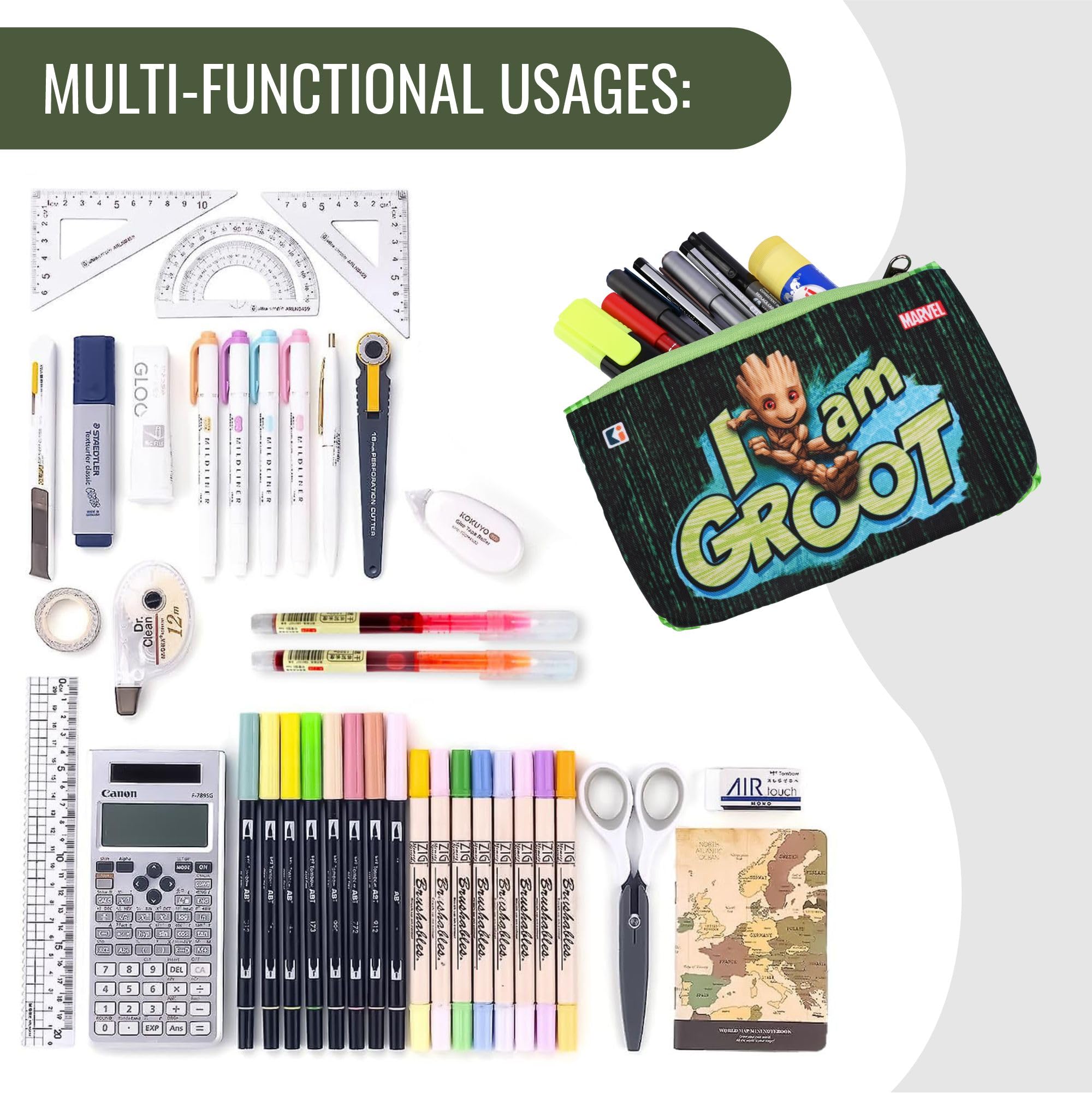 Kuber Industries 2-Pack Square Pencil Pouch for Kids - School Stationery Organizer, Geometry Pencil Case, Marvel-Themed Utility Bag (Green & Black) - Perfect for School, Office & Travel Organization