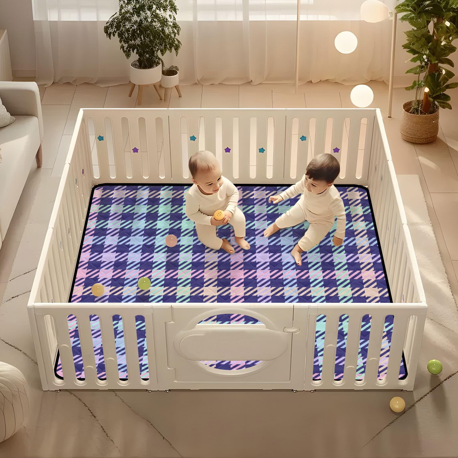 Pastel Rainbow Plaid Navy Baby Playmat - 50'' x 50'' Large Soft Crawling Mat for Infants & Toddlers | Waterproof, Breathable & Non-Slip | Perfect for Nursery, Playroom, Daycare & Outdoor Use