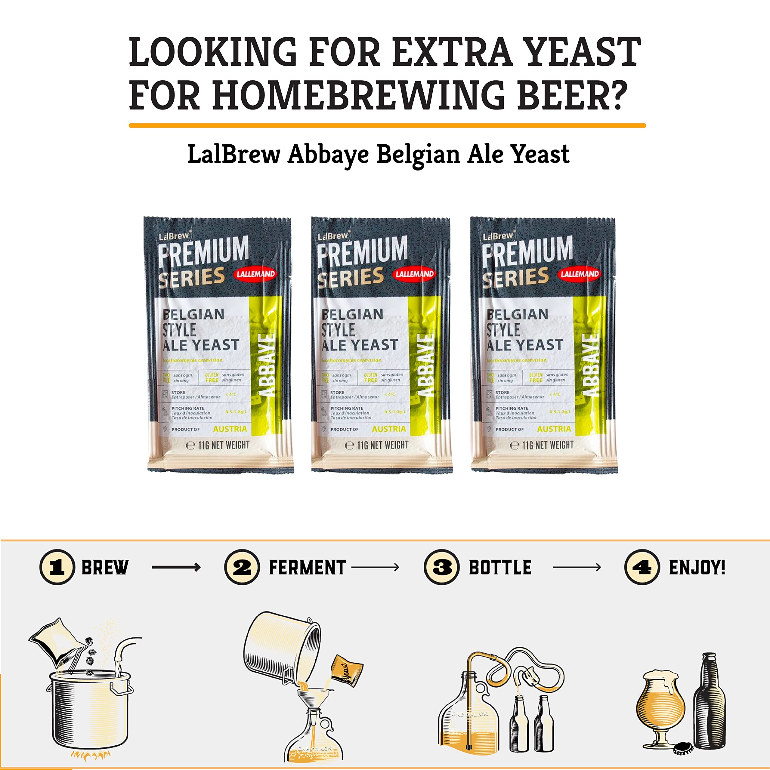 LalBrew Abbaye™ Belgian Ale Dry Yeast - 3 Pack - Premium Belgian Ale Yeast for Craft Blondes, Dubbels, Tripels & Quads - Home Brewing Ingredients & Beer Making Supplies - Perfect for Homebrewers Crafting Authentic Belgian-Style Ales
