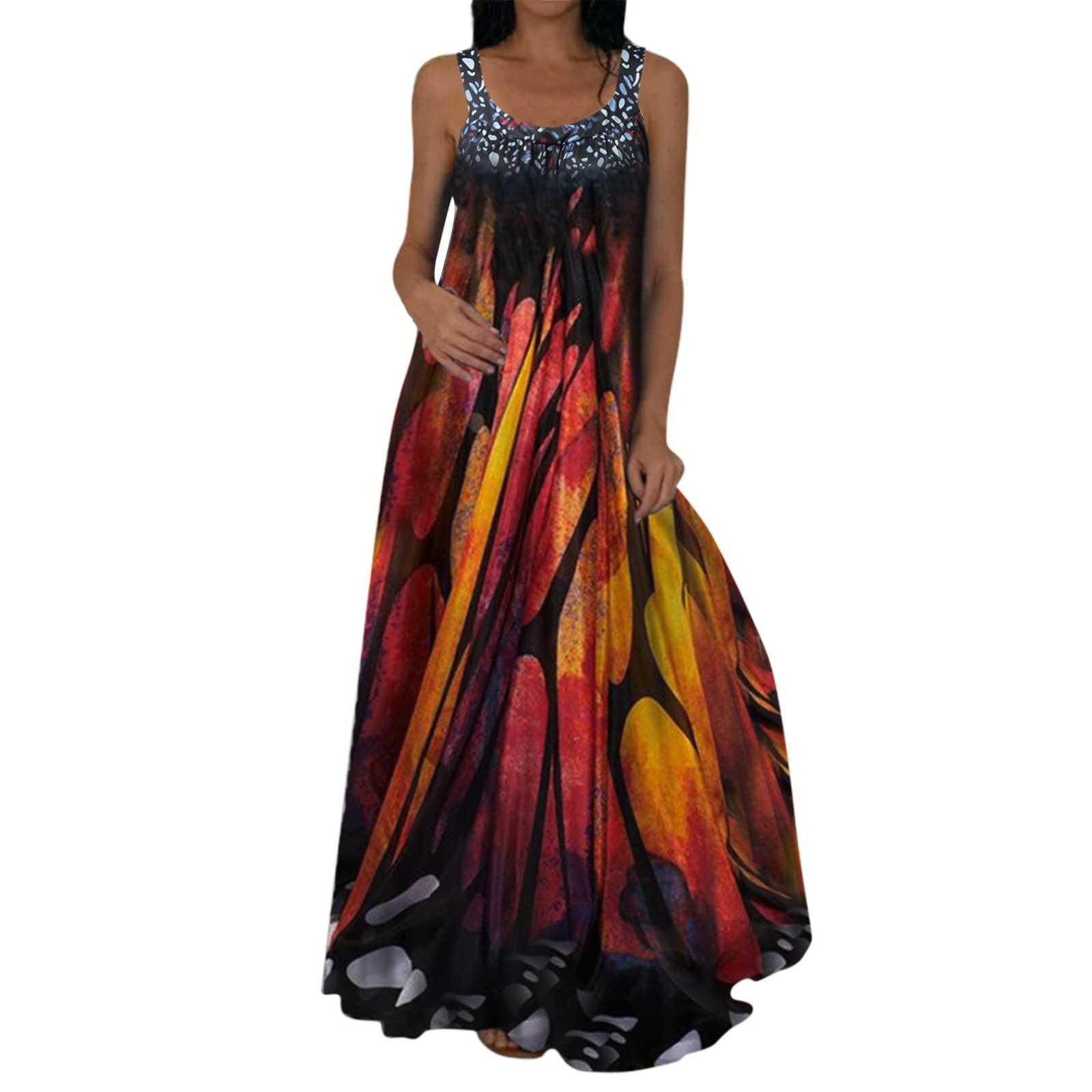 WOCACHI Women's Summer Dresses 2023 - Casual Hawaiian Spaghetti Strap Maxi Dress with Scoop Neck, Plus Size Long Flowy Beach Dress for Vacation, Party & Outdoor Activities