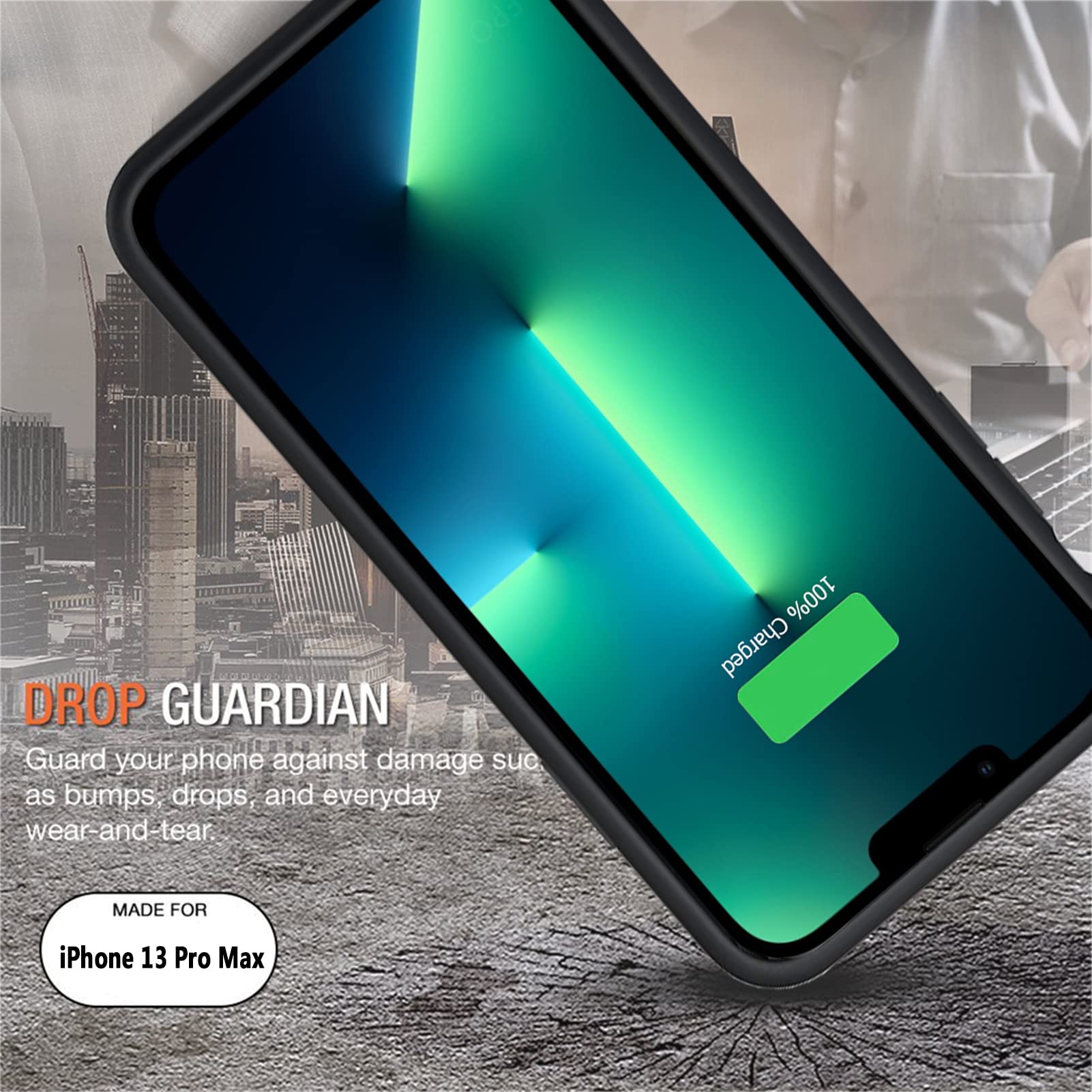 10800mAh Wireless Charging Battery Case for iPhone 13 Pro Max (6.7 inch) - Rechargeable Portable Power Bank with CarPlay Support | Perfect for Travel, Work & Emergency Charging (Black)