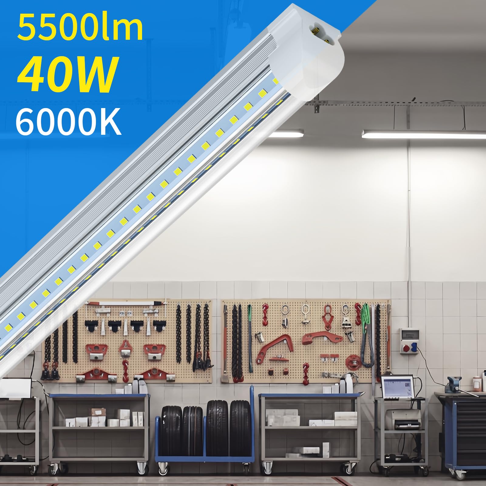 SHOPLED 4FT LED Shop Light - 40W 5500LM 6000K Cool White Linkable T8 LED Ceiling Fixture - V Shape LED Tube Light for Garage, Warehouse & Workshop - Plug and Play Energy Saving Lights (12 Pack)