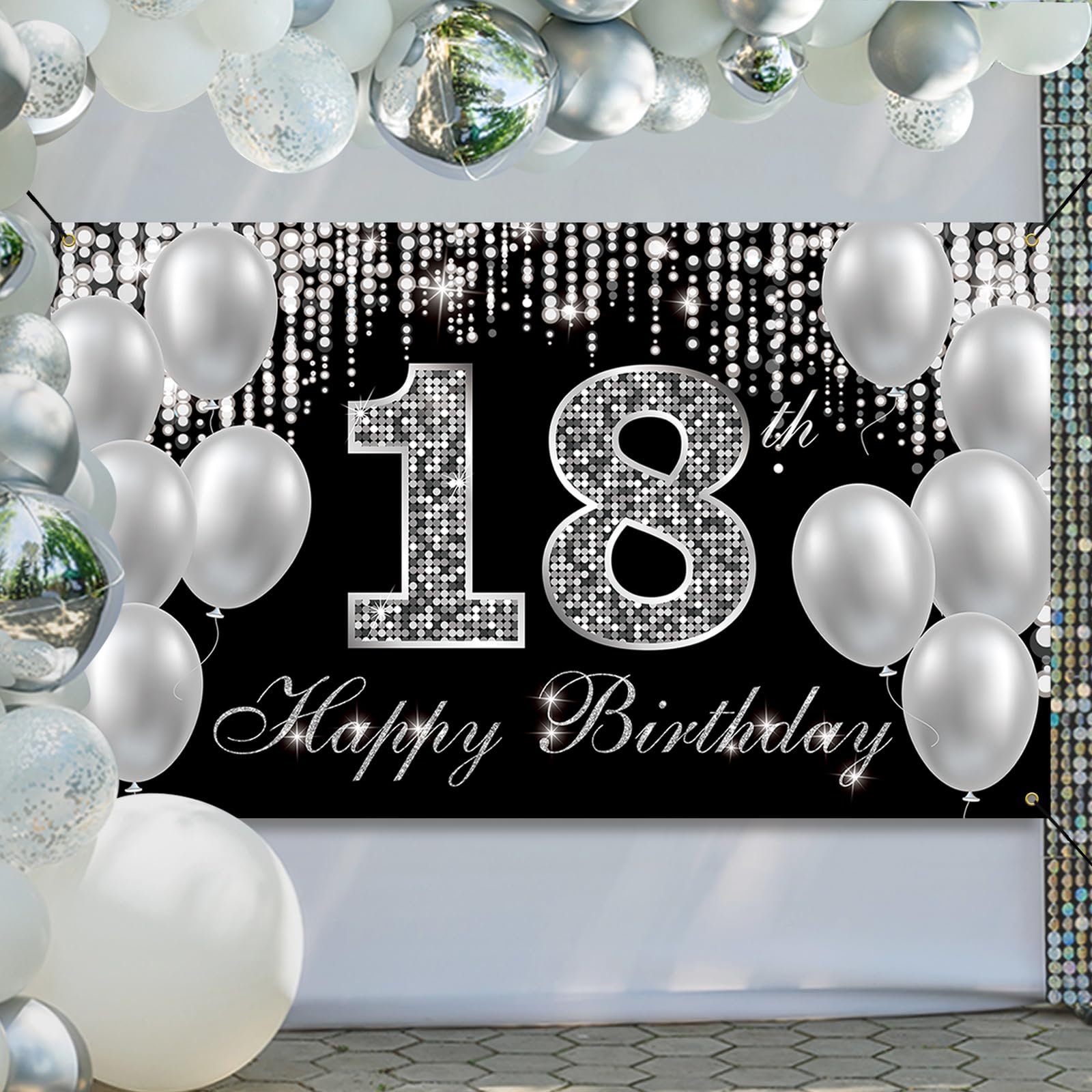Happy 18th Birthday Banner Backdrop - Black & Silver Fabric Decor for Boys & Girls - Yard Sign & Photo Props for Adult Birthday Parties - Perfect for Indoor & Outdoor Celebrations
