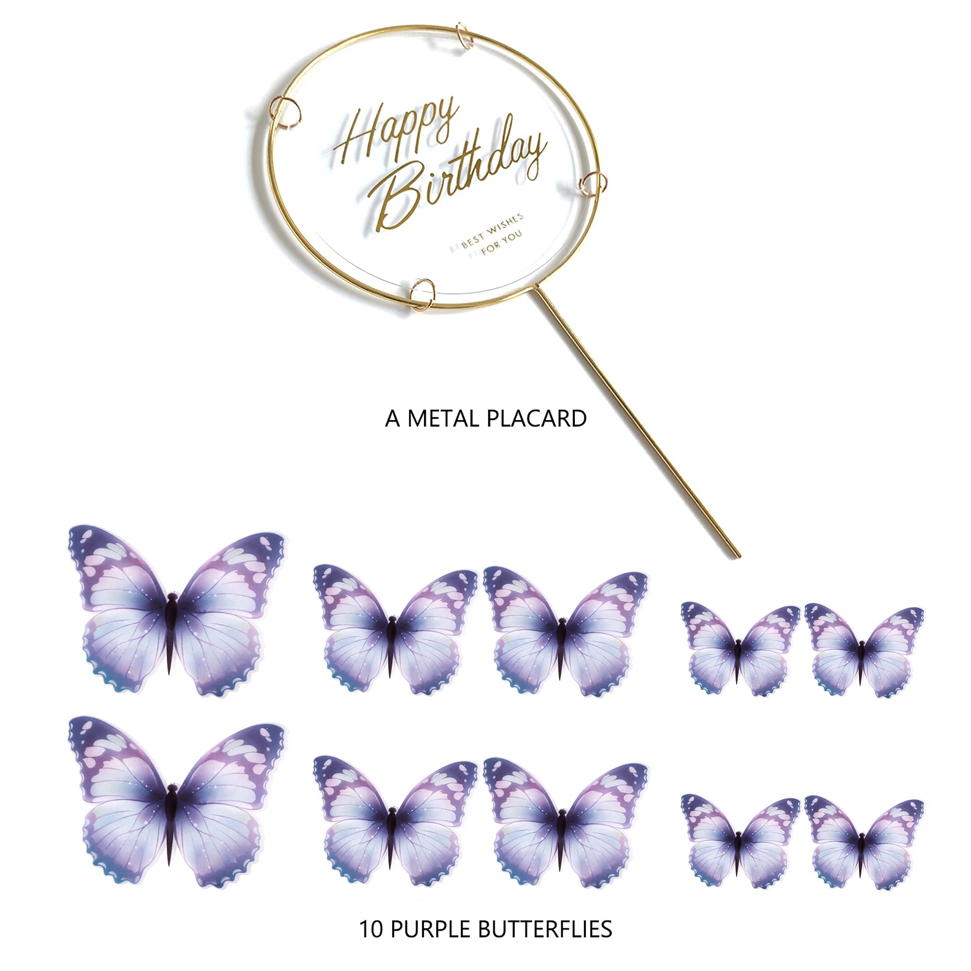 11-Piece Blue Purple Butterfly Cake Toppers Set - Metal Gold Happy Birthday Cake Decorations for Wedding, Baby Shower & Party Supplies | Elegant Butterfly Themed Celebration Decor