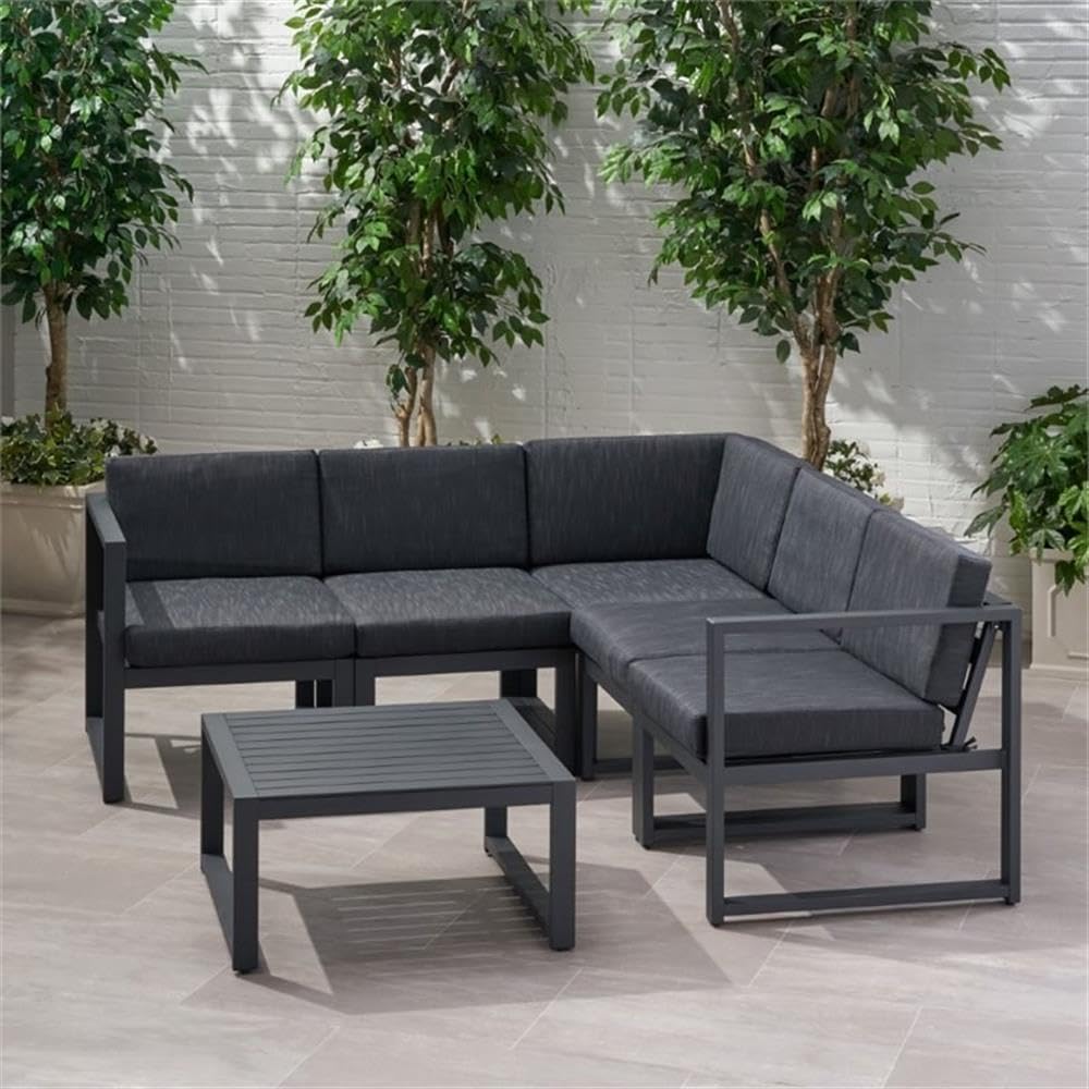 Noble House Navan 6-Piece Outdoor Aluminum Sectional Sofa Set - Dark Gray Patio Furniture for Backyard, Poolside & Garden Lounge