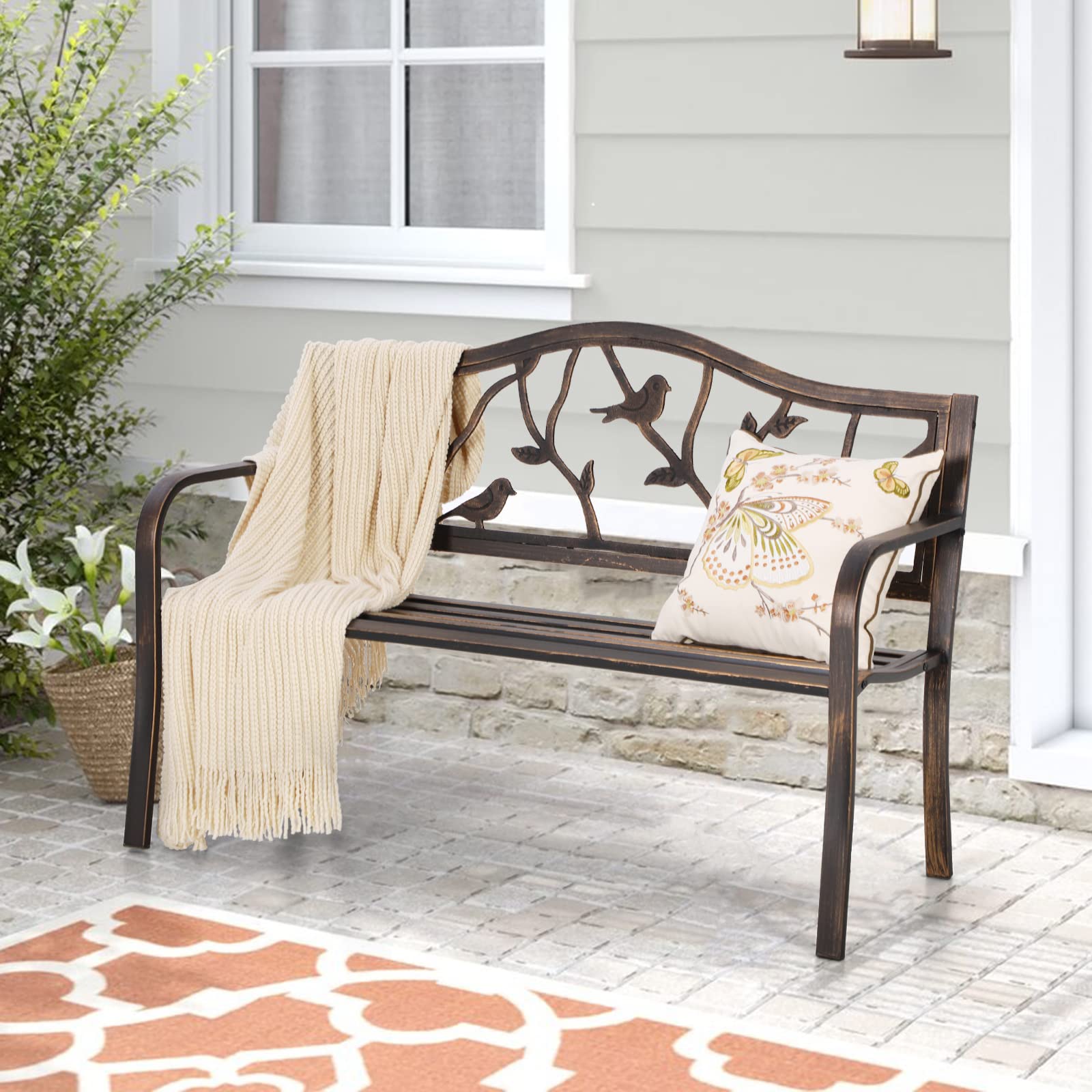 Sophia & William Wrought Iron Outdoor Bench with Backrest & Armrests - Patio, Porch, Garden Seating Furniture in Bronze Finish for Relaxing Outdoors