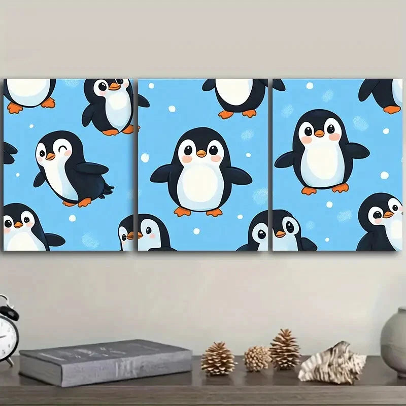 3-Piece Cute Penguin Wall Art Set - Framed Canvas 40x60cm - High Quality Print - Australian Made - Ready to Hang - Perfect for Nursery, Kids Room & Coastal Home Decor