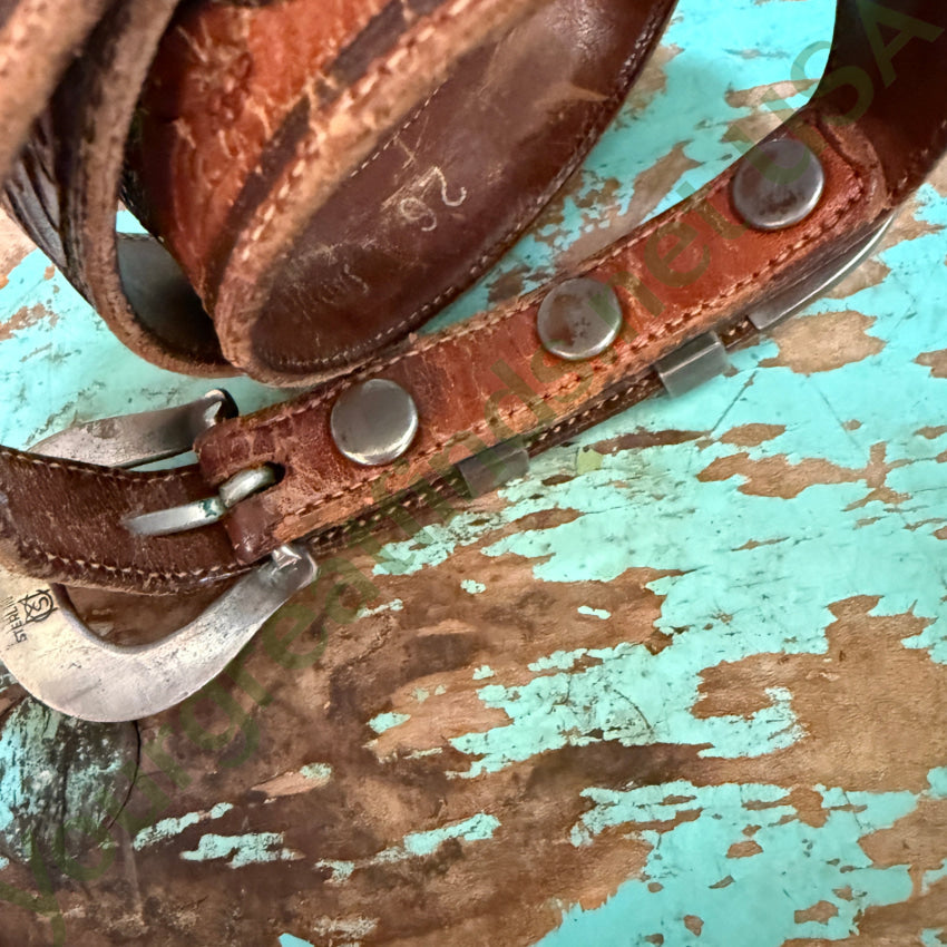 Vintage 4-Piece Sterling Silver McCabe Ranger Buckle Set on Stelzig Saddlery Belt - Western Style Accessory for Cowboy Boots, Jeans & Rodeo Outfits