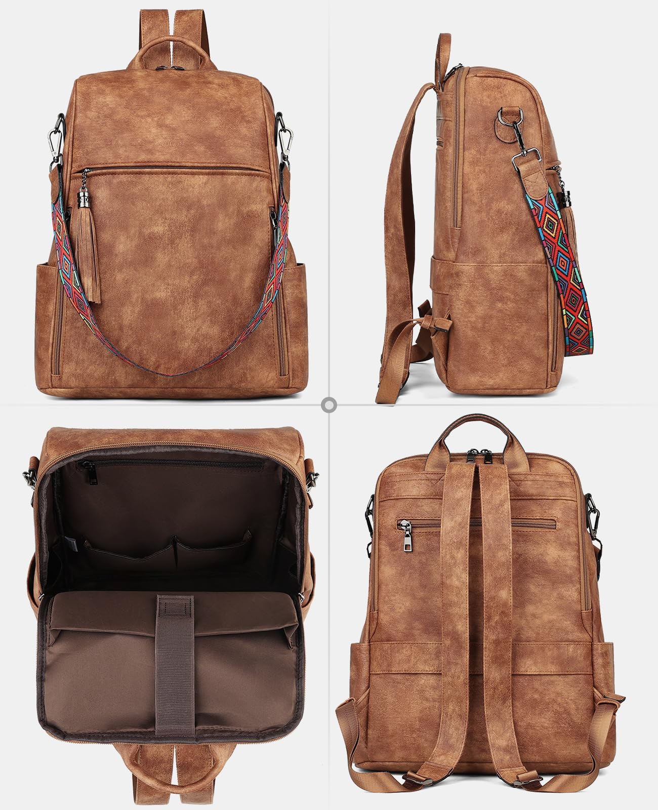 FADEON Women's Leather Laptop Backpack - 15.6 Inch PU Computer Bag for Work & Travel - Stylish Brown Designer Backpack for Business, College & Daily Commute