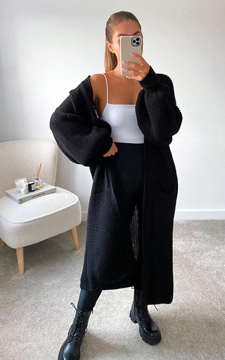 Women's Knitted Open Front Slouchy Balloon Sleeve Long Cardigan | Basic Puff Sleeve Boyfriend Sweater Coatigan | UK Size 8-14 | Perfect for Casual Outings & Cozy Evenings