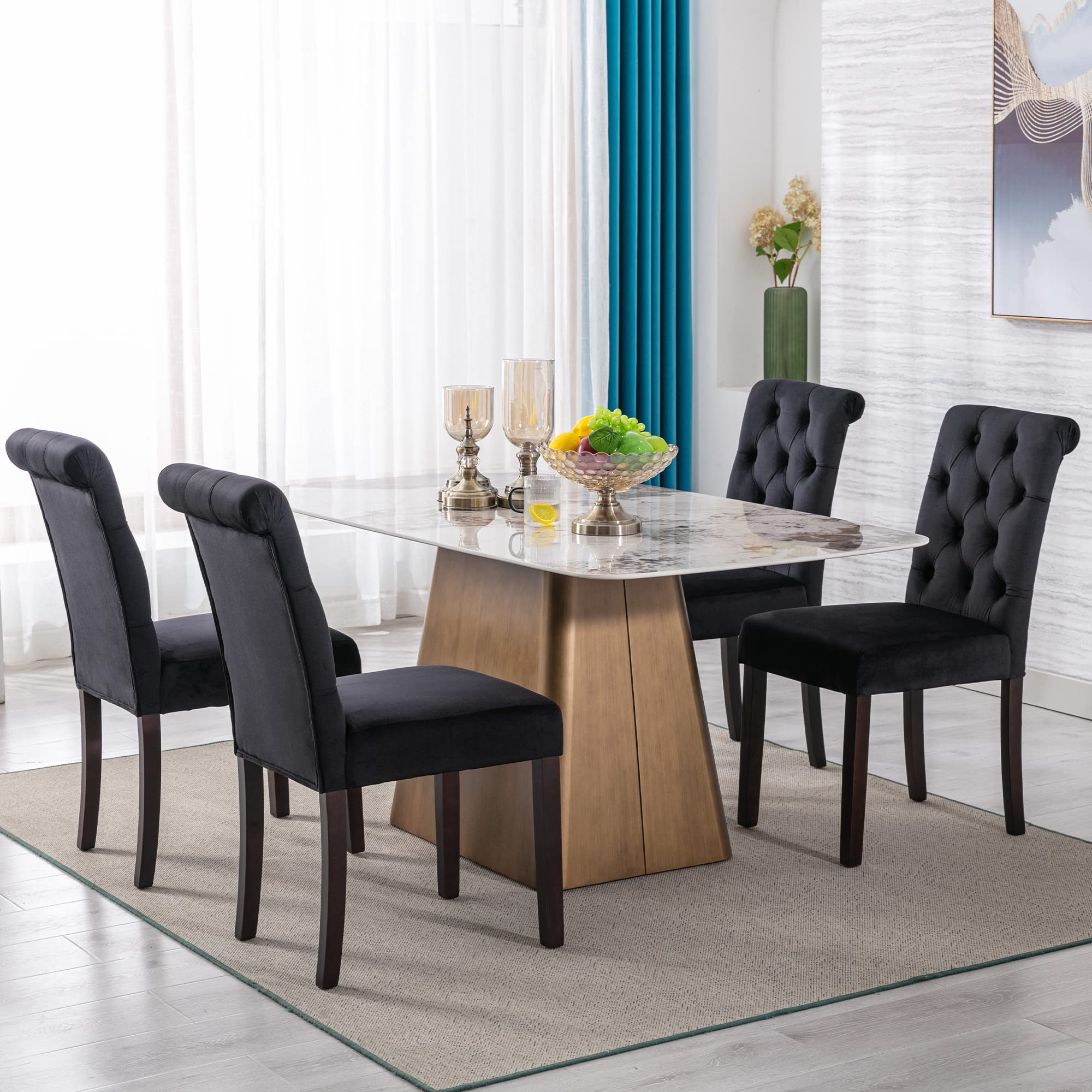 Velvet Dining Chairs Set of 4 - Modern Upholstered Tufted Accent Chairs with Wooden Legs for Dining Room, Kitchen, Restaurant & Home Decor - Elegant Black Parsons Side Chairs (Perfect for Dinner Parties, Family Gatherings & Stylish Home Entertaining)