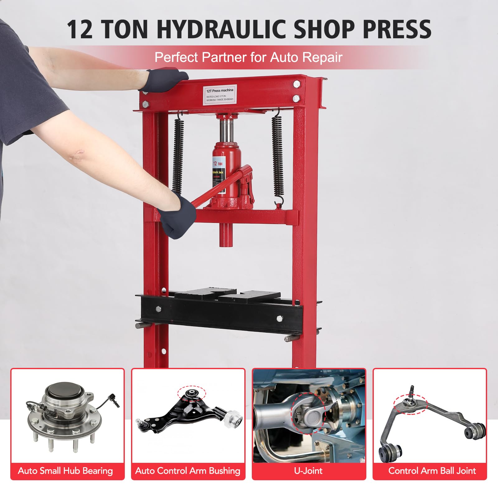 12 Ton Hydraulic Press with Press Plates - Benchtop H-Frame Garage Floor Press with Adjustable Height - Heavy Duty Metalworking, Bearing Removal & Auto Repair Tool for Workshop & DIY Projects