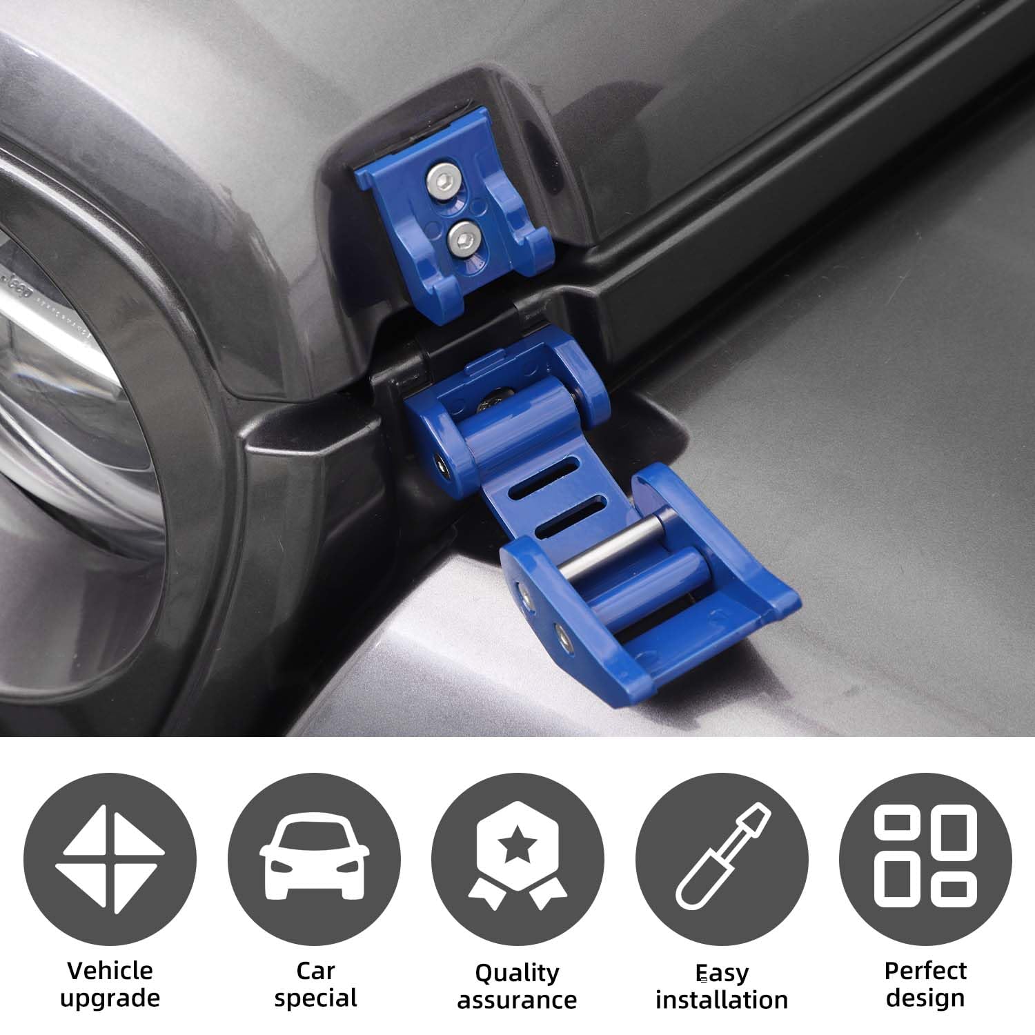 Stainless Steel Hood Latch Kit for 2007-2018 Jeep Wrangler JK/JKU & 2018-2025 JL/JLU/Gladiator JT - Durable Blue Exterior Accessories | Off-Road Protection & Enhanced Security