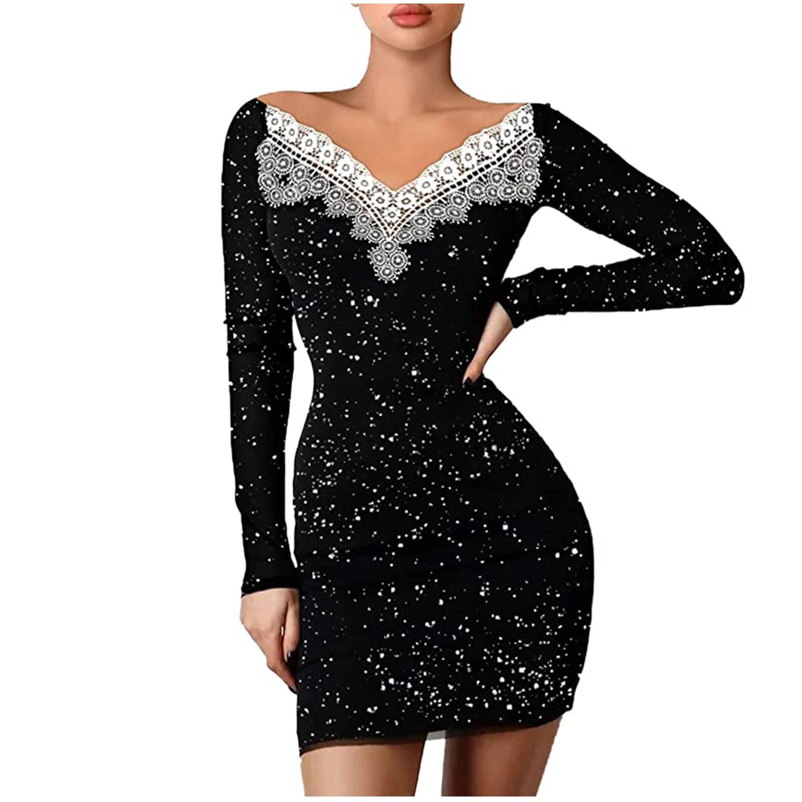 LCZIWO Women's Sexy Black Bodycon Dress - V Neck Sequin Glitter Long Sleeve Elegant Mini Party Dress for Nightclub, Cocktail, Evening Events & Date Night
