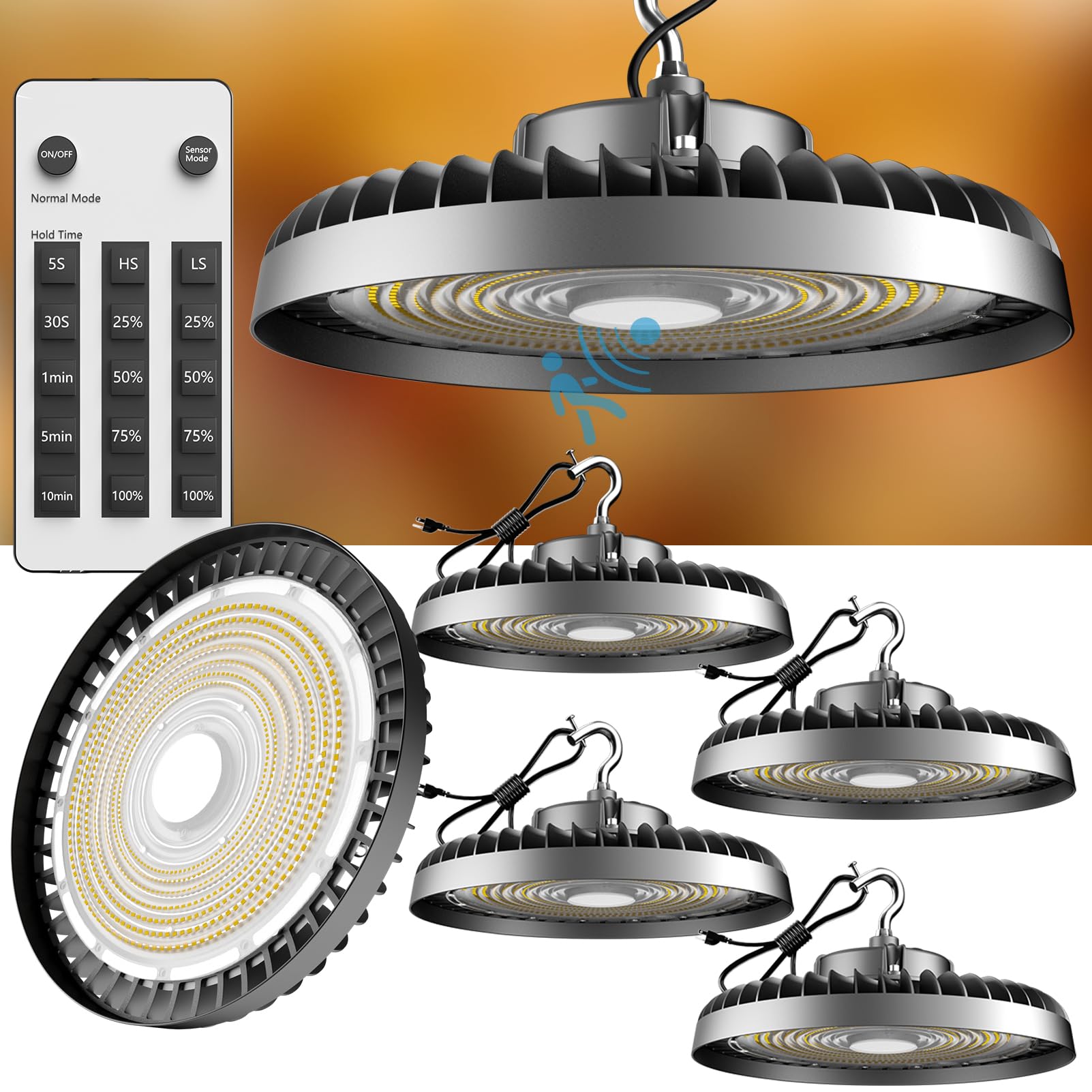 300W Smart High Bay LED Light - 45000LM UFO Warehouse Lighting with Remote Control (Normal & Motion Sensor Modes) - ETL Listed, Plug & Play for 30-50ft Ceilings - Ideal for Warehouses, Factories, Garages & Gymnasiums - 4 Pack with 6-Year Warranty