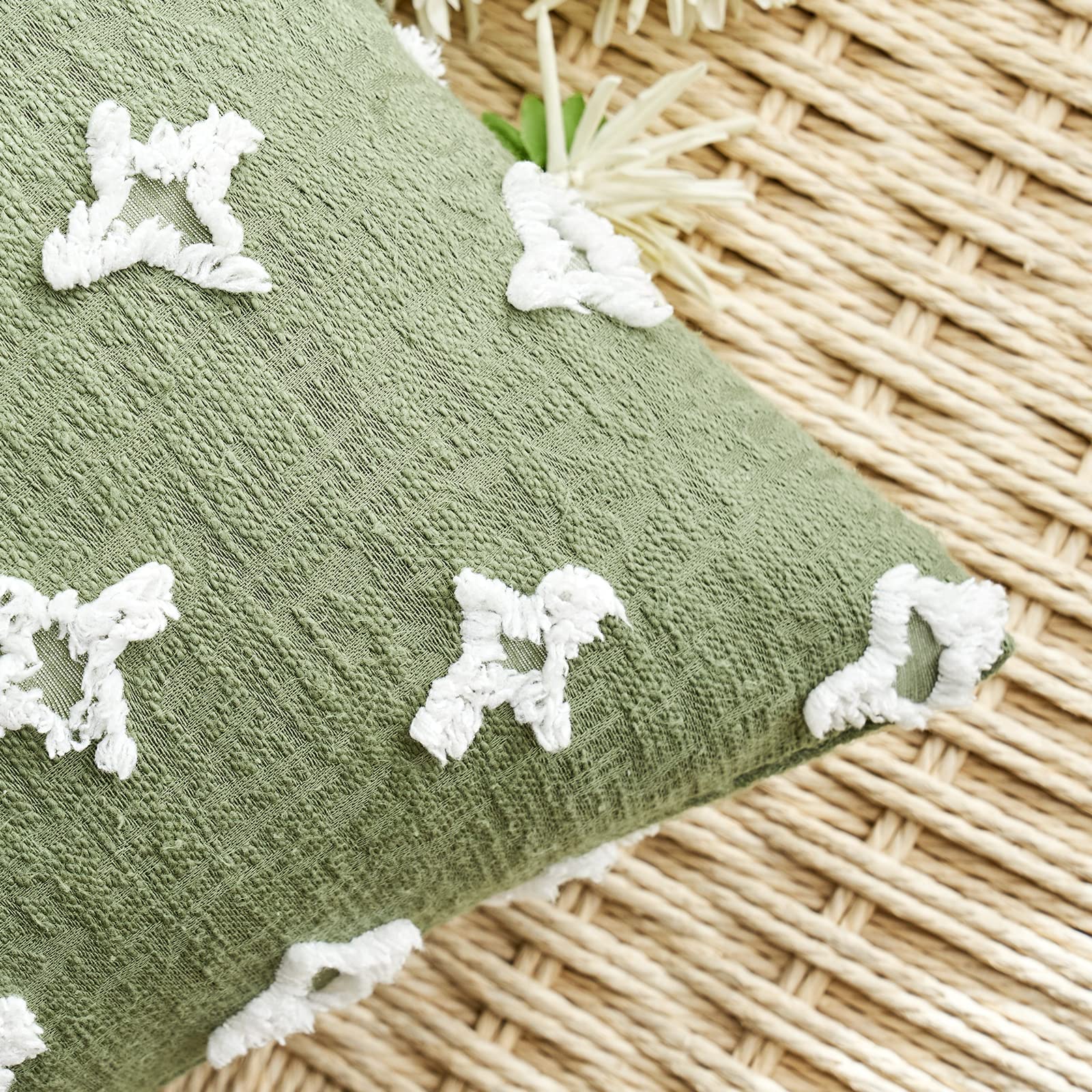 ANRODUO Pack of 2 Sage Green Bohemian Decorative Throw Pillow Covers - 12x20 Inch Tufted Rhombic Jacquard Cushion Covers for Sofa, Couch & Living Room - Soft & Stylish Home Decor for Spring, Bedroom & Cozy Spaces