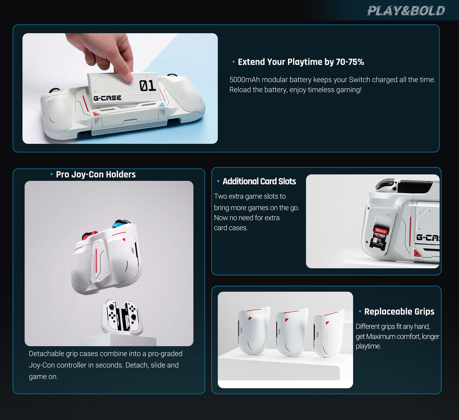 Plenbo G-Case Protective Switch Grip Case for Nintendo Switch OLED - BT5.0 Version with All-in-One Battery Charger, Modular Battery, Detachable Grips & 2 Card Slots - White | Perfect for Gaming On-The-Go, Travel & Long Play Sessions