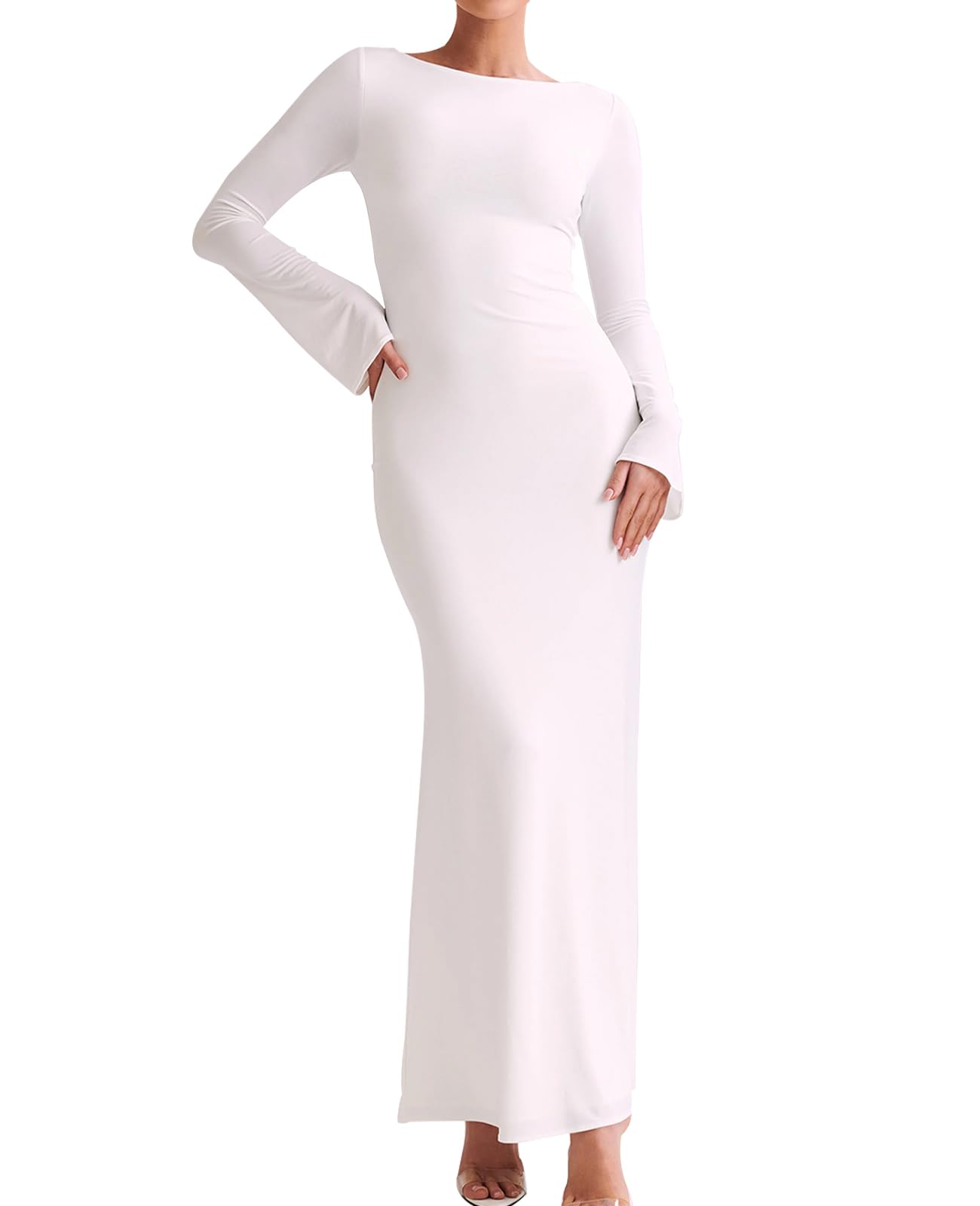 GLNEGE Women's Long Sleeve Bodycon Maxi Dress - Elegant Fitted Crew Neck Lounge Dress for Evening Party, Date Night & Casual Wear | Stretchy Comfortable Formal Dress for Women