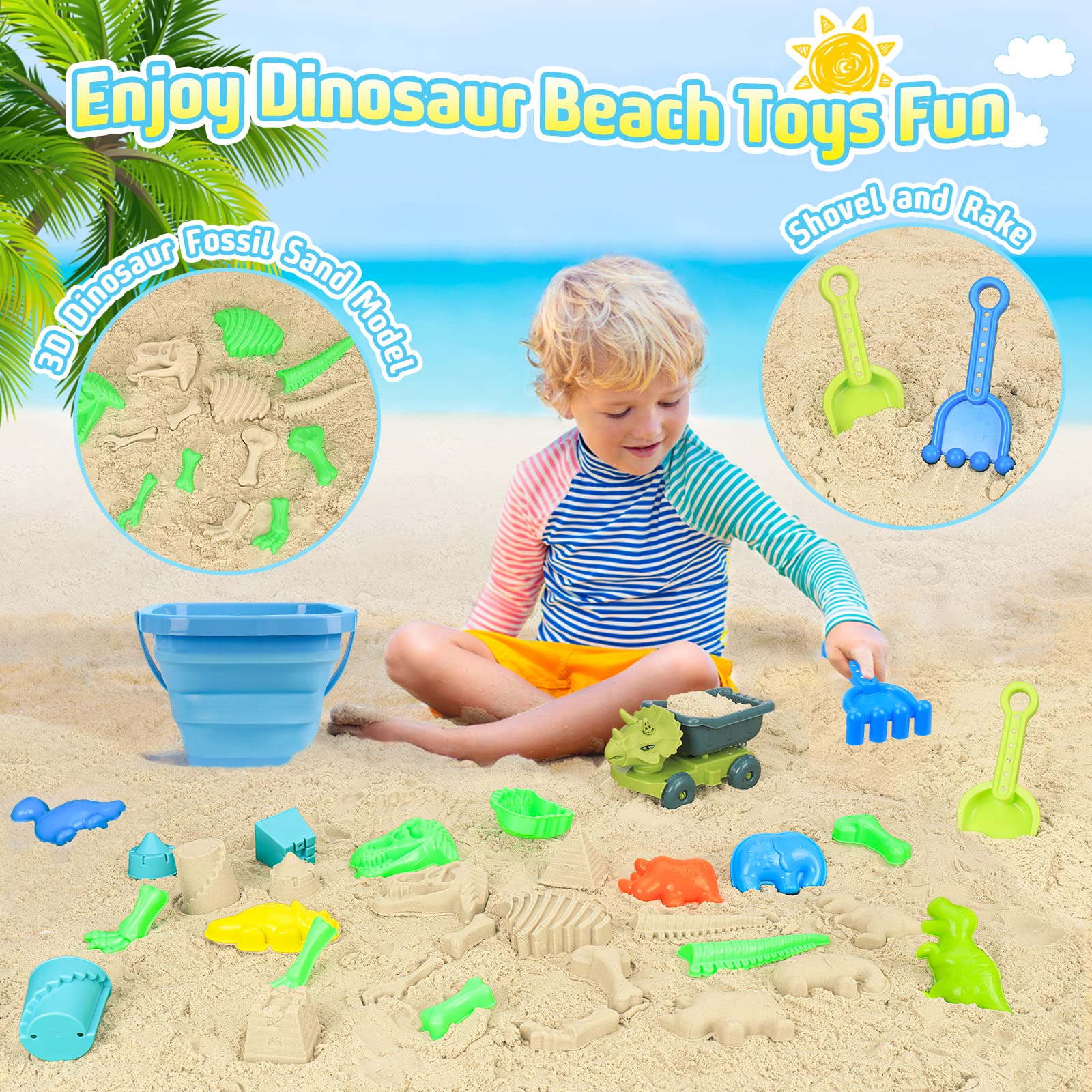 Dinosaur Beach Toys Set with Dump Truck, Collapsible Bucket, Shovel & Rake - 12-Piece Sand Play Kit with Animal Molds & Mesh Bag - Perfect for Sandcastles, Beach Fun & Toddler Sandbox Play