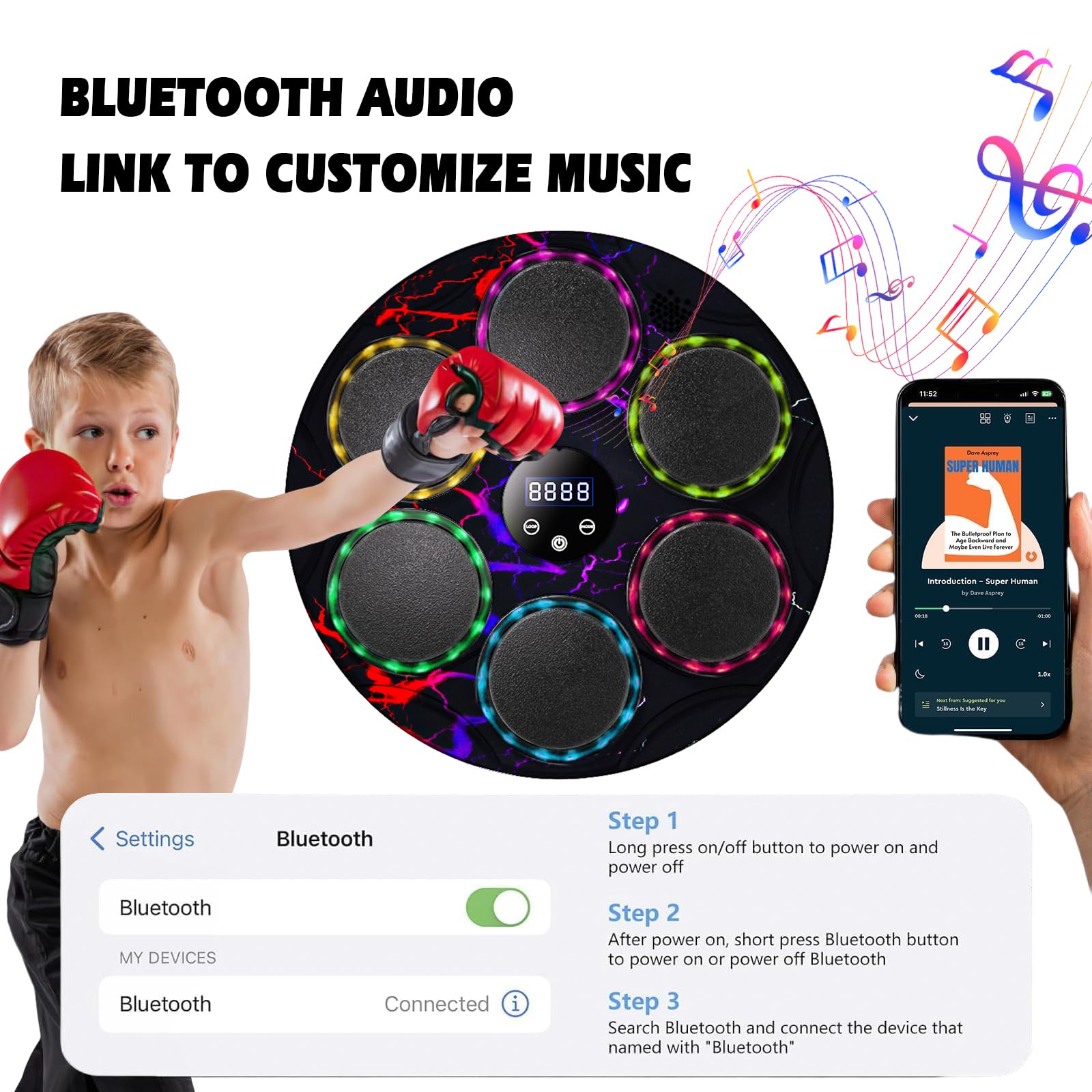 Smart Bluetooth Music Boxing Machine - Wall Mounted Punching Bag for Adults & Kids with Gloves | Indoor Home Gym Equipment for Fitness & Stress Relief | Perfect for Cardio Workouts & Family Fun